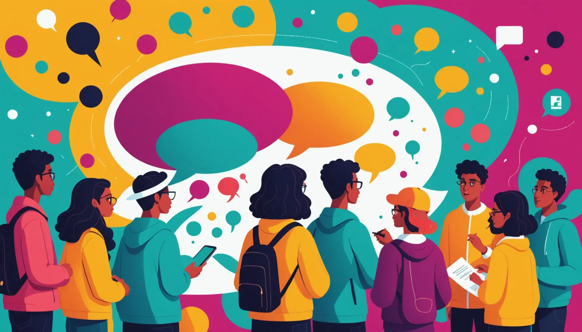 Editorial illustration showing people analyzing a speech bubble, with the phrase dissect meaning slang implied