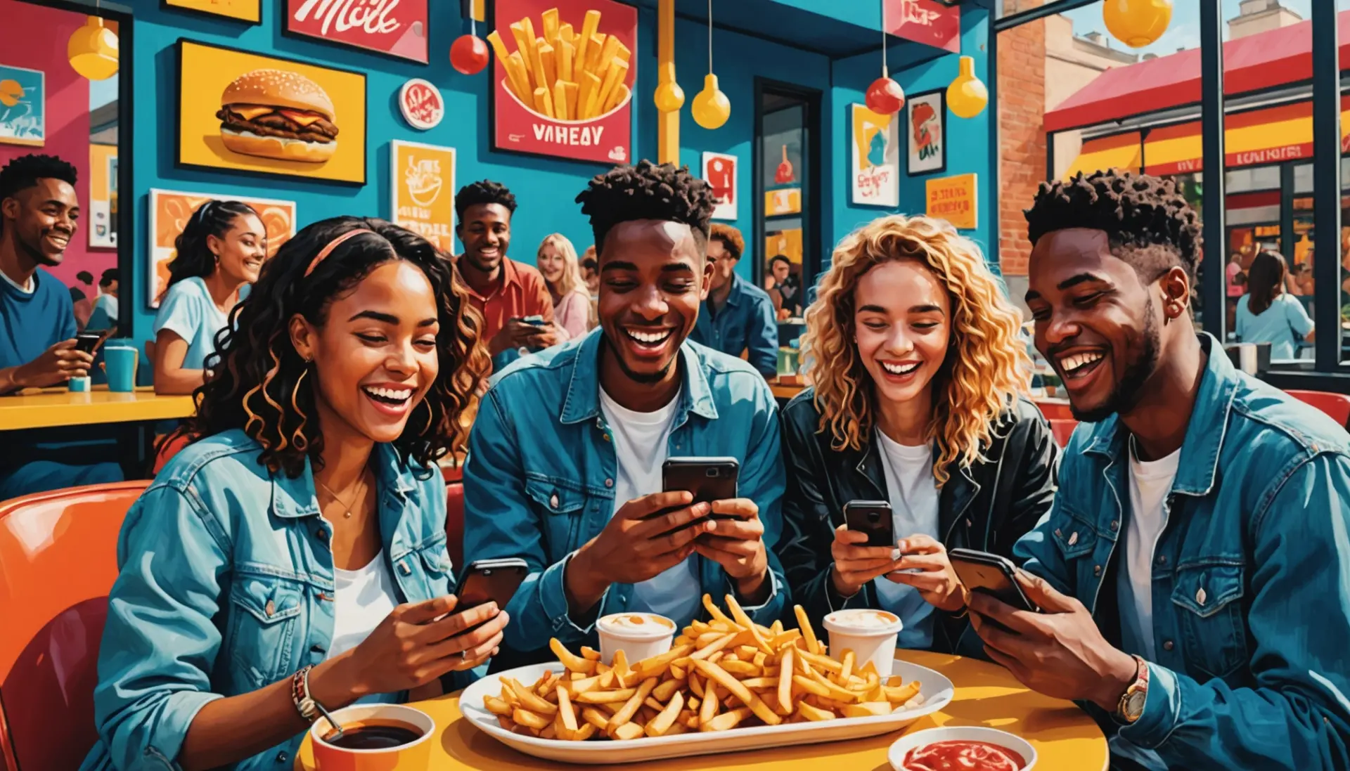 Editorial illustration of people using phones with fries motifs, representing what is french fries slang