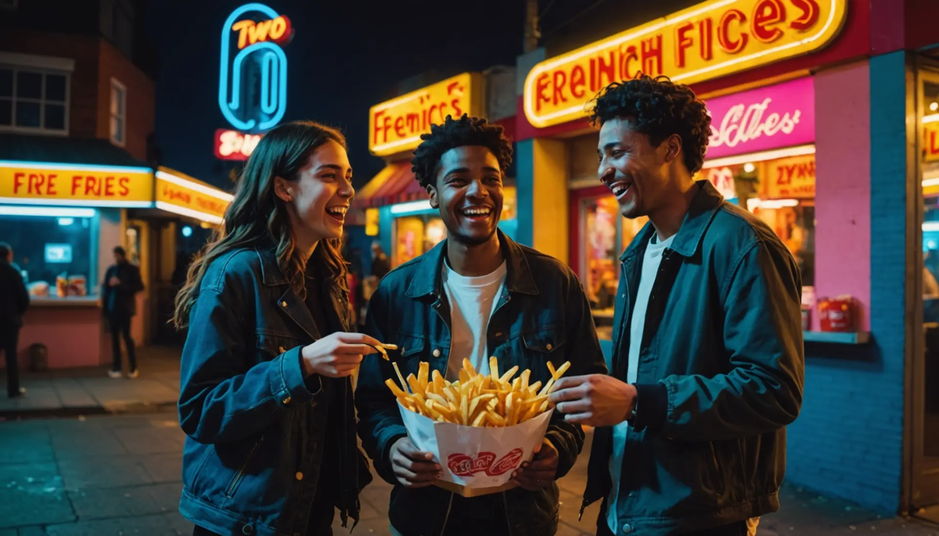 Editorial illustration showing the phrase what is french fries in sex slang in a playful scene of two friends with fries, urban vibe