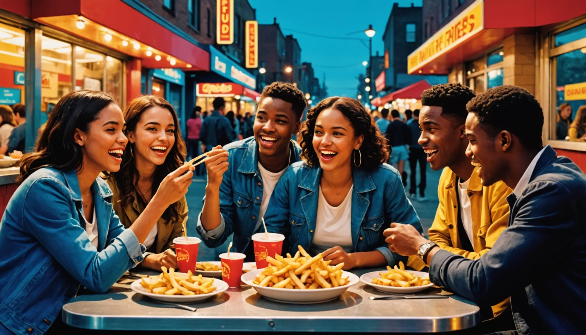 Editorial illustration showing friends sharing fries, with 'french fry slang' vibe