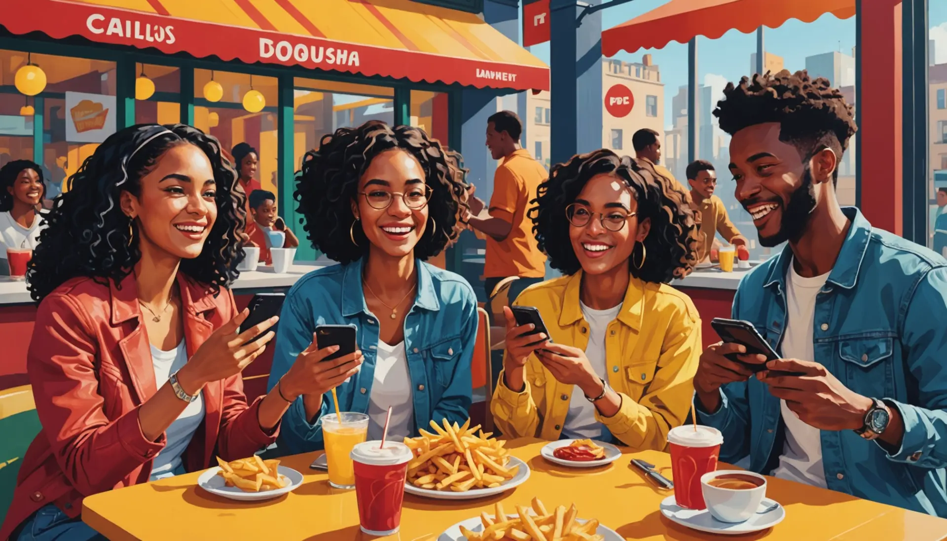 Editorial illustration showing people texting about french fries slang meaning