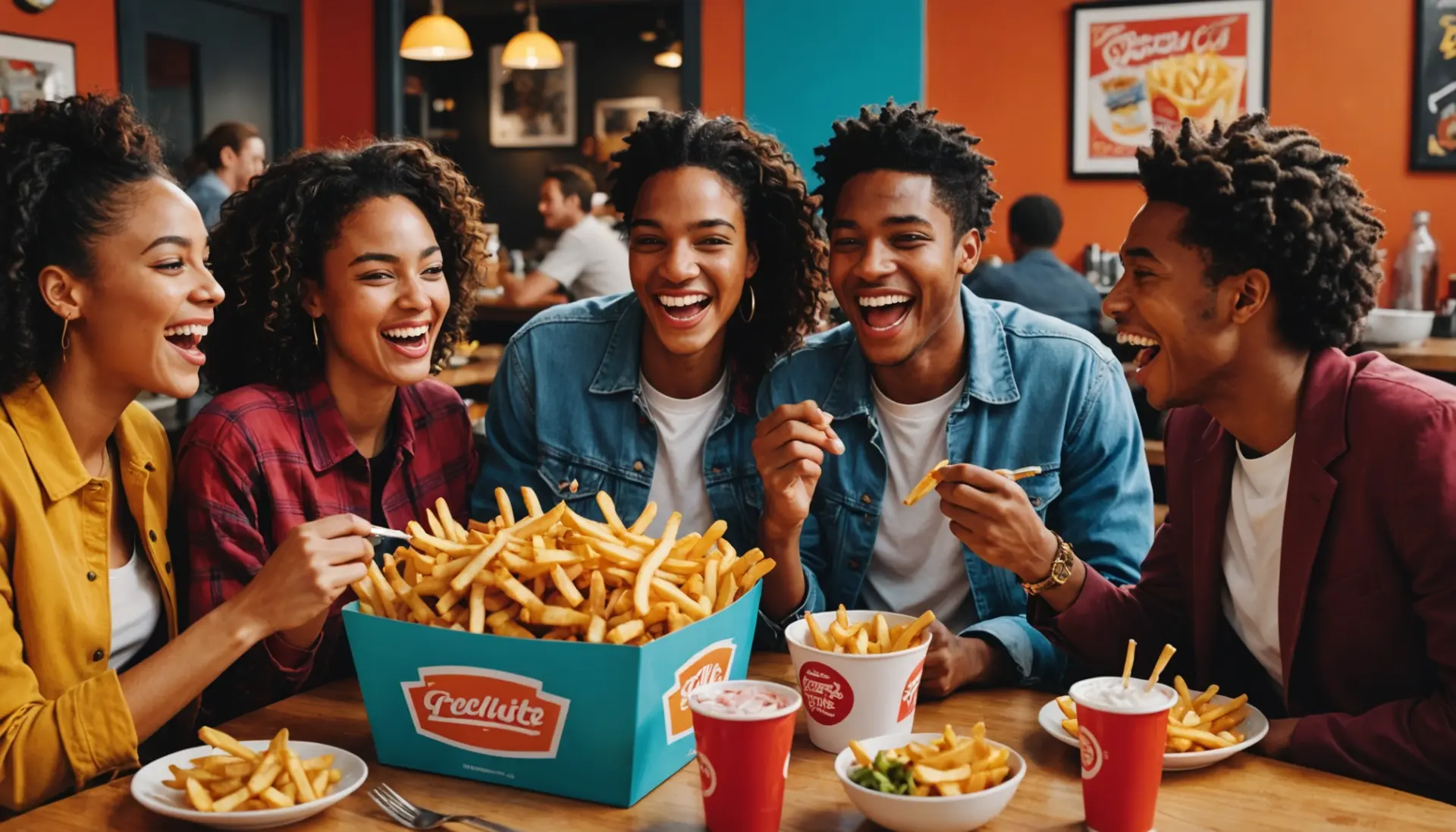 Editorial illustration showing teens laughing over fries, captioned context for getting french fries slang