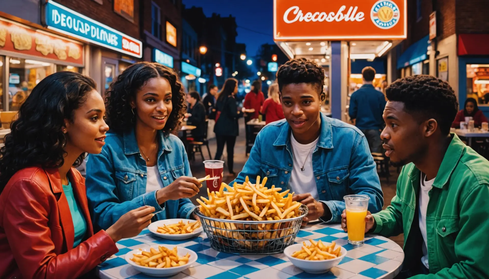 Editorial illustration of friends sharing french fries slang culture around a diner, showcasing the phrase french fries slang