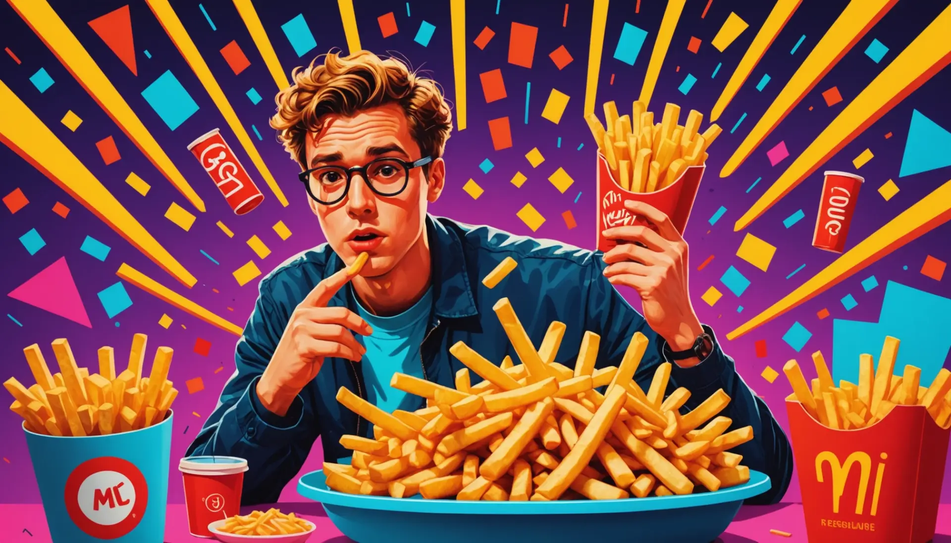 Editorial illustration showing a playful, surreal scene referencing what is french fry sex slang with fries and speech bubbles, bright colors