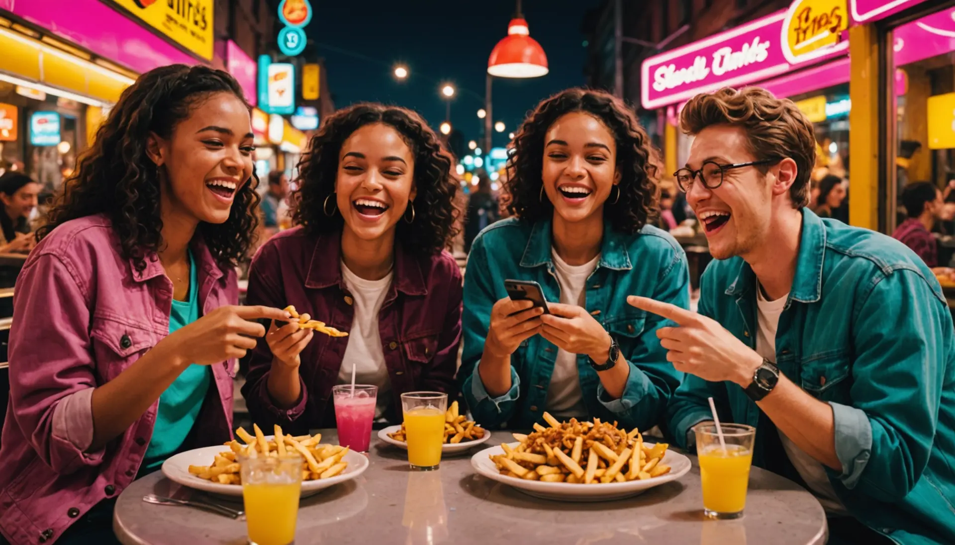 Editorial illustration showing friends laughing about doing french fries slang