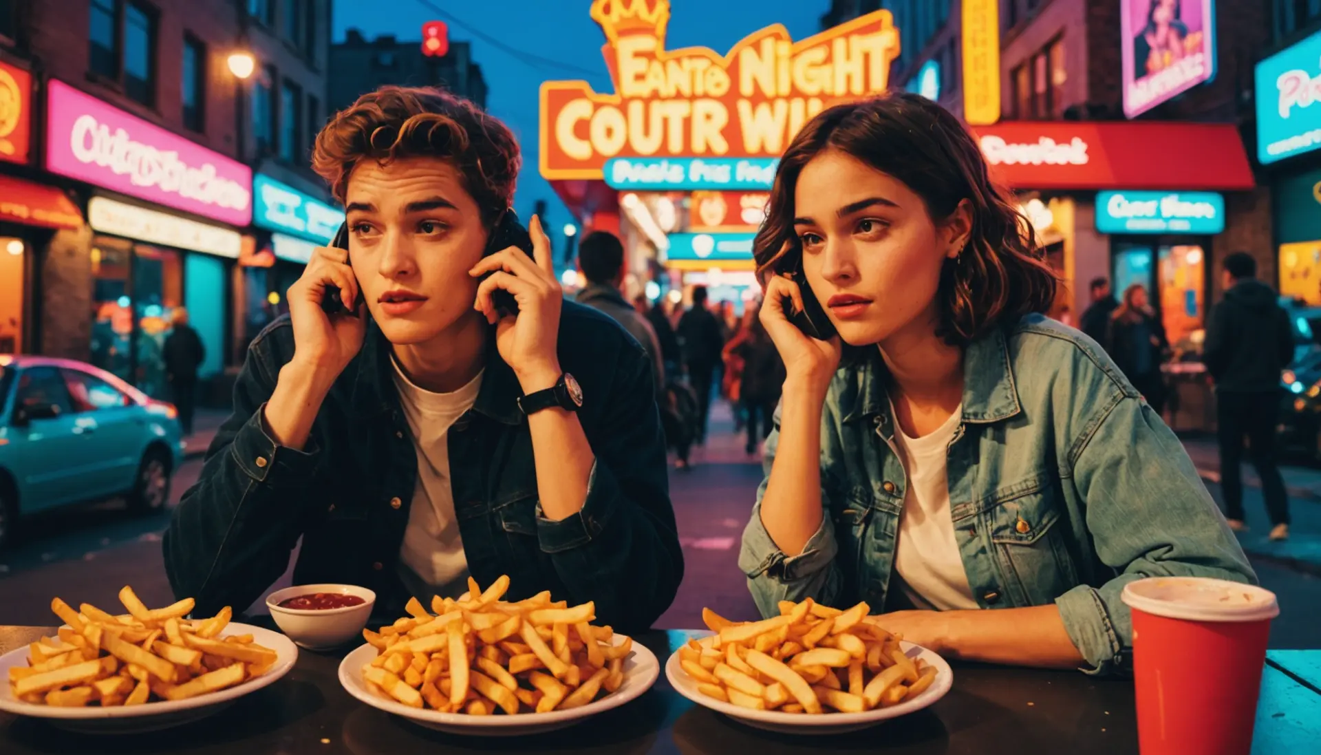 Editorial illustration showing people joking about what does french fries mean sex in a chat