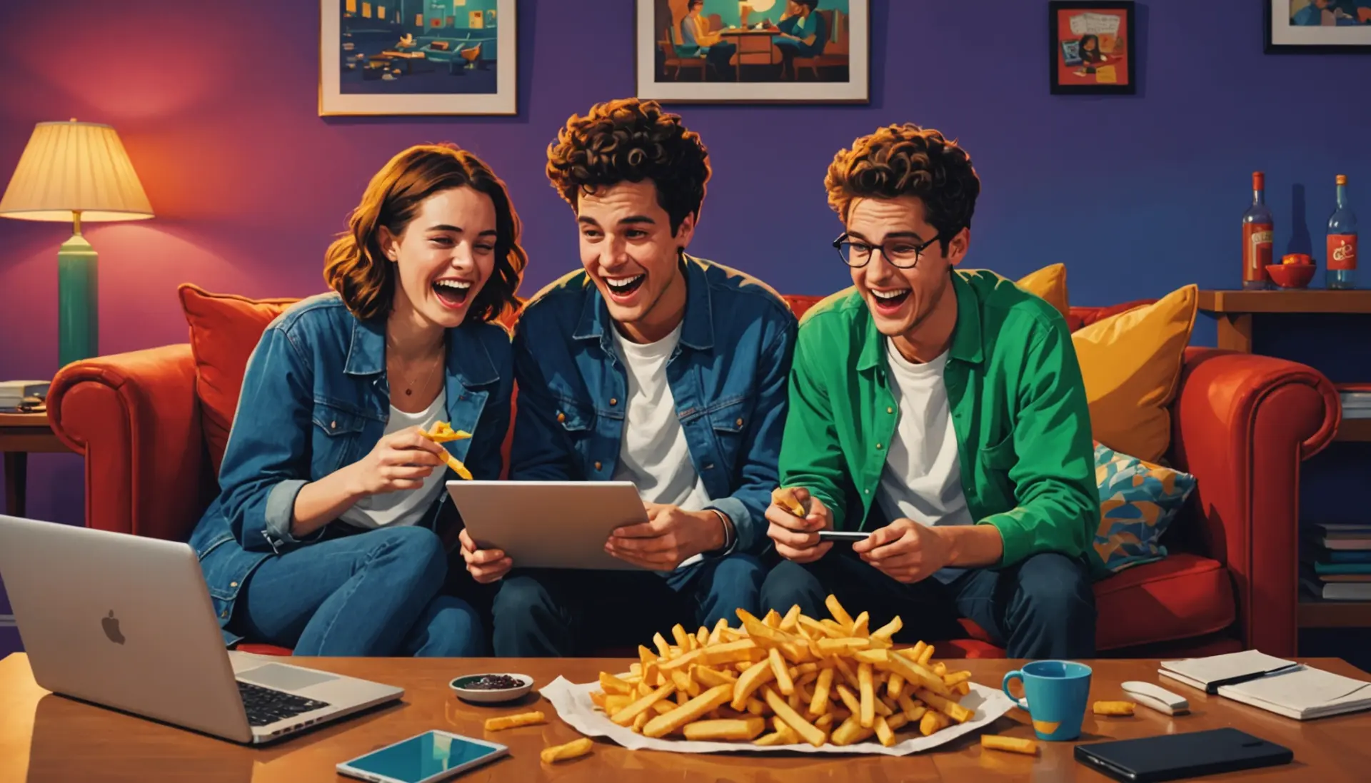 Editorial illustration of people and fries with a search bar showing 'french fry sex urban dictionary'