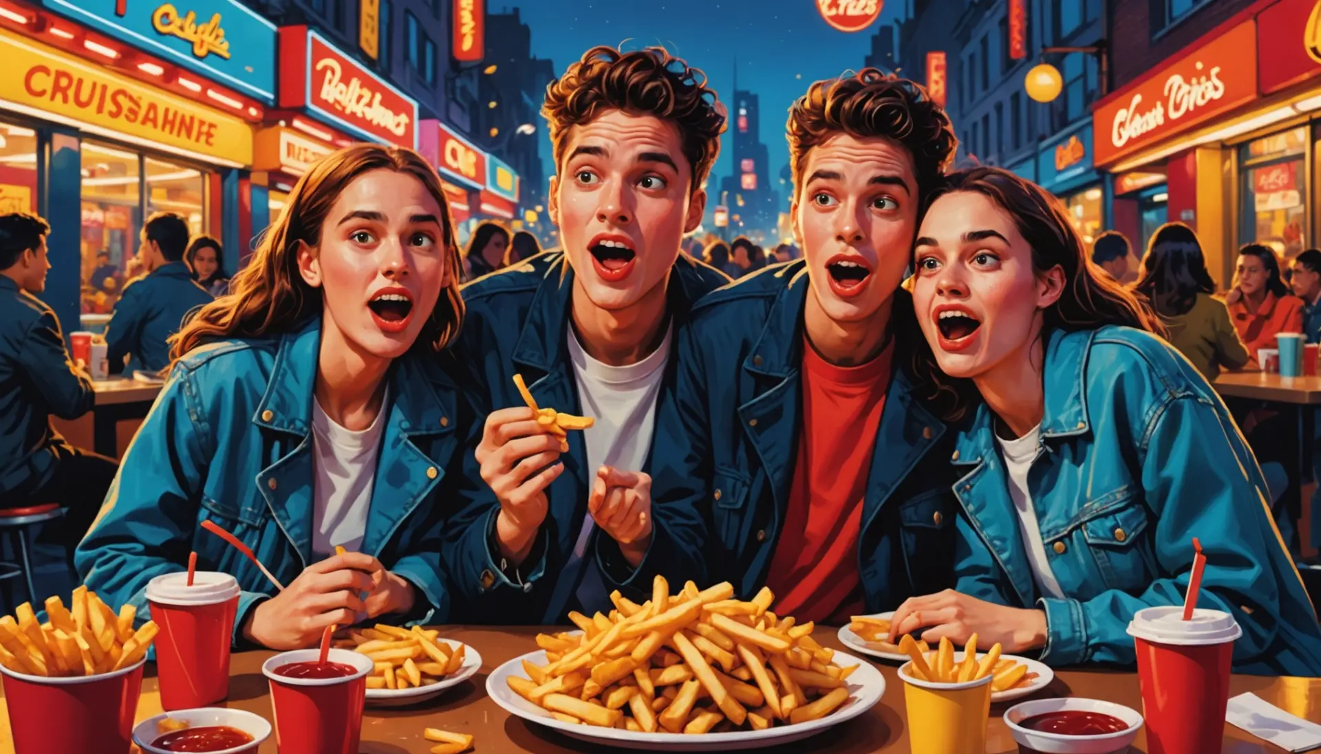 Editorial illustration of a playful fast-food scene referencing french fries sexual urban dictionary
