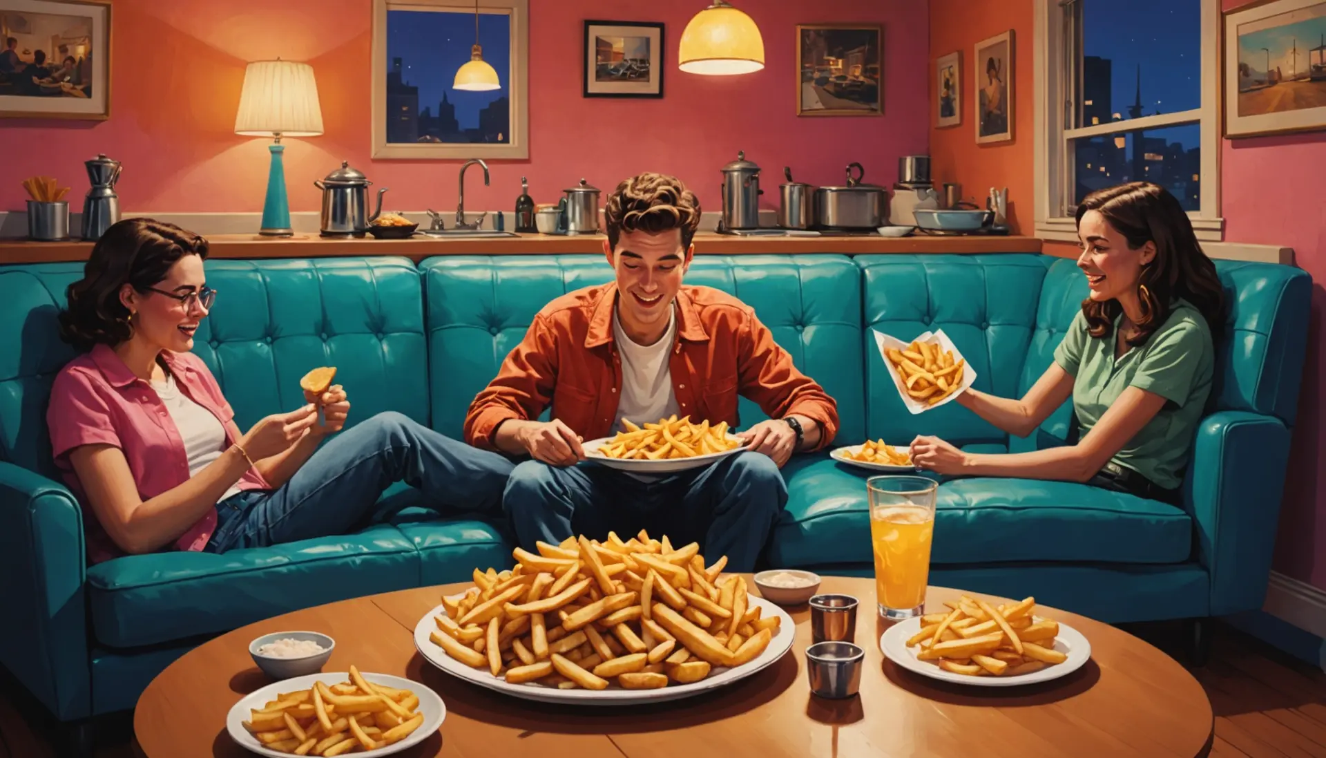 Editorial illustration of people and food representing what does french fried mean