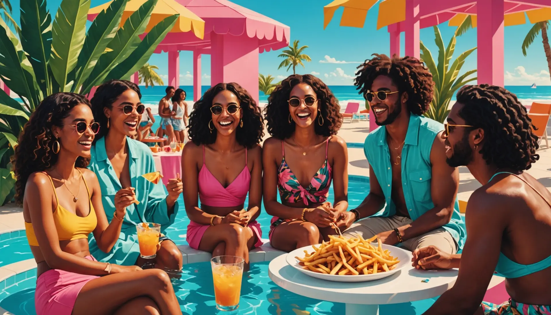 Illustration of Love Island style villa scene hinting at the phrase what does french fries mean in love island