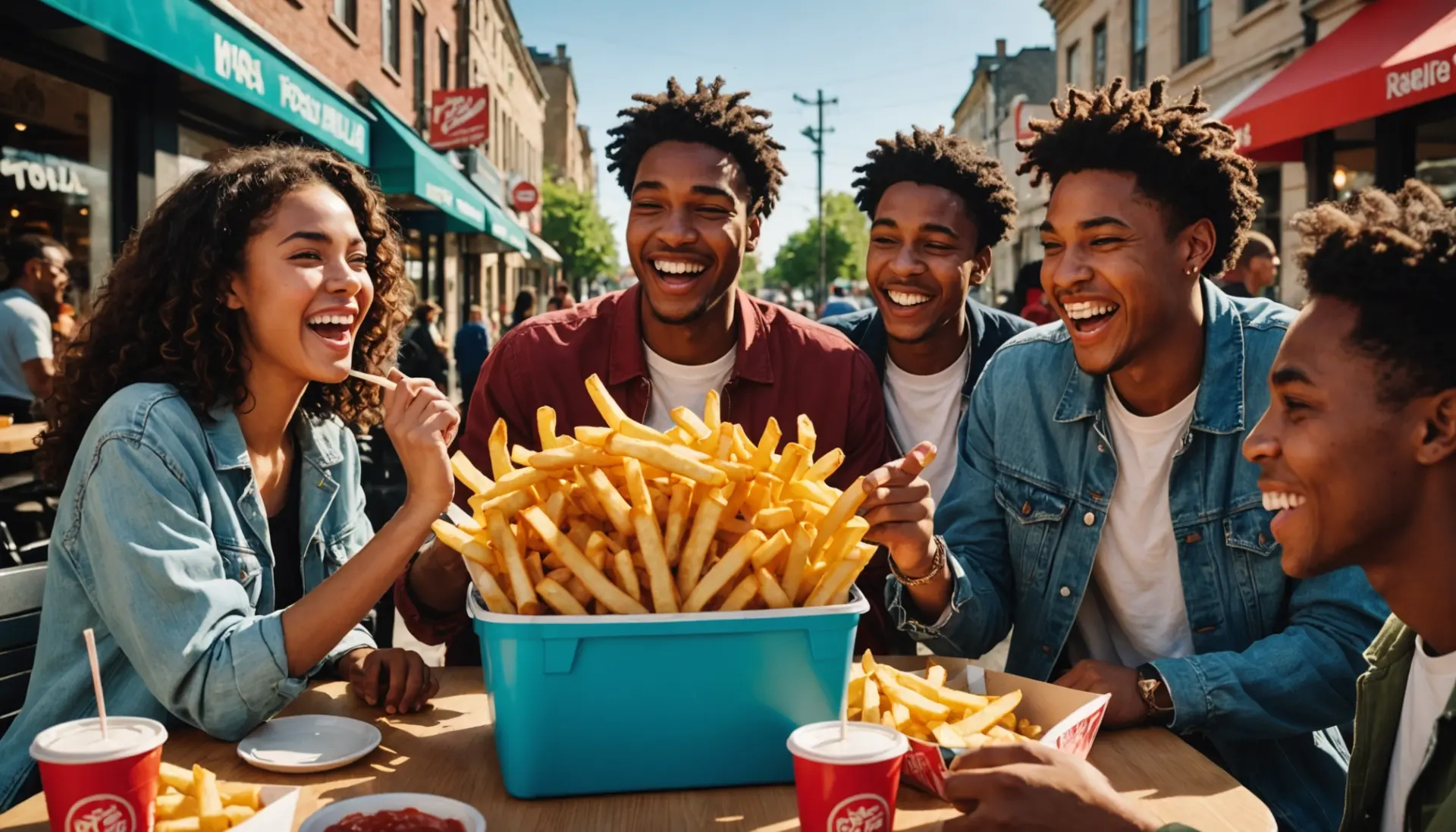 Editorial illustration of friends laughing over fries with the text search 'french fry urban dictionary' concept
