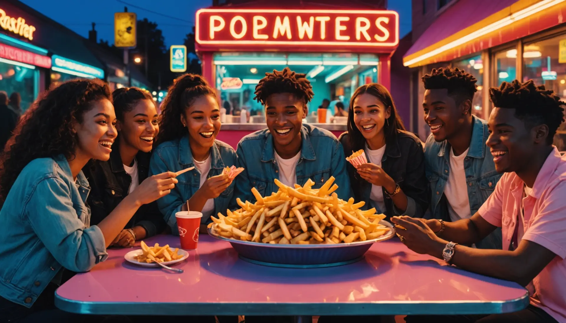 Editorial illustration showing people sharing french fries, with the phrase what is getting french fries slang implied in scene