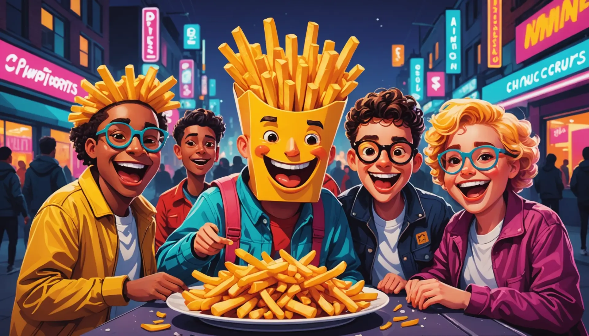 Editorial illustration showing a plate of french fries with playful, slangy vibes, representing what does french fries mean slang