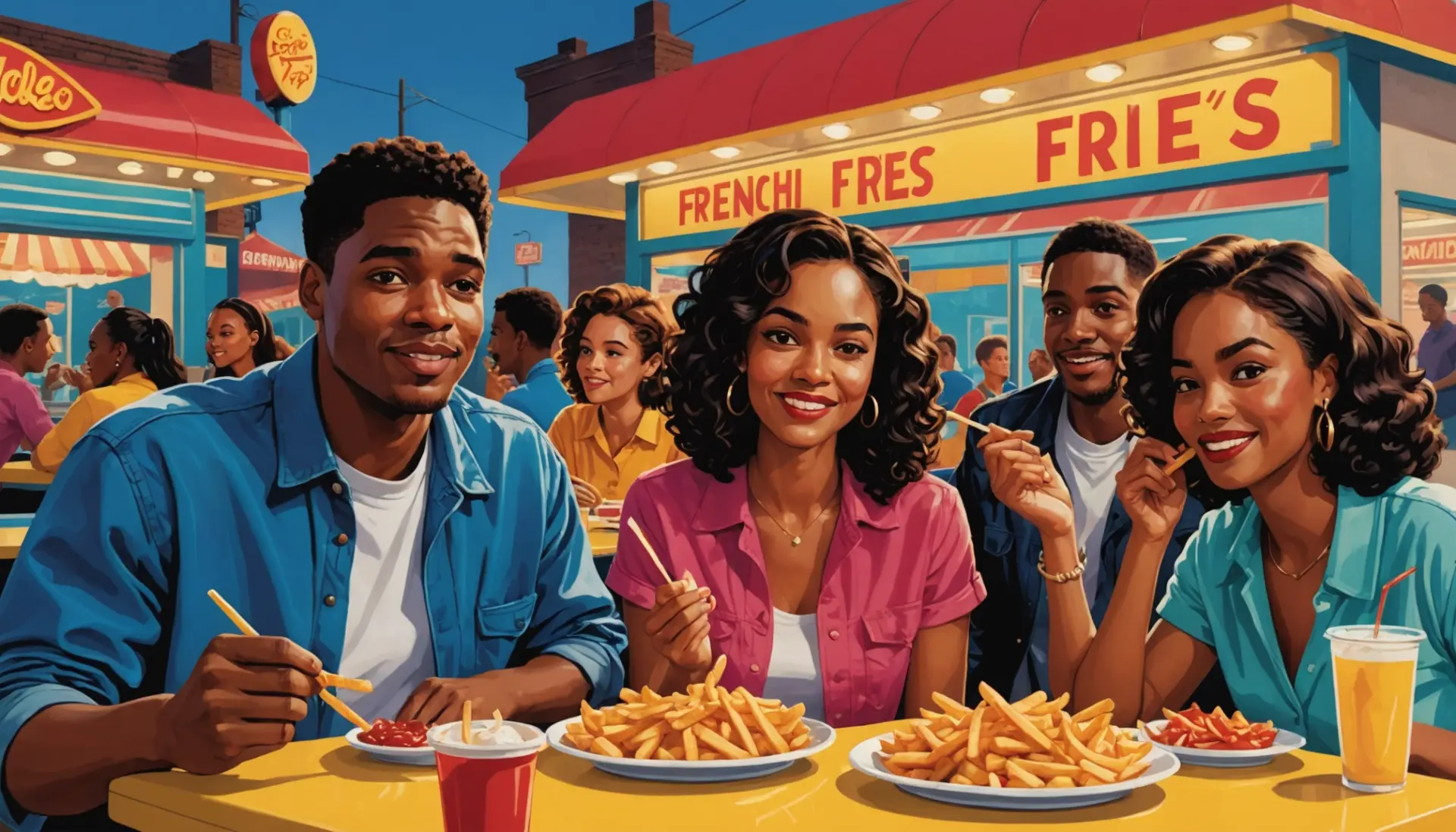 Editorial illustration showing people laughing over fries, representing urban dictionary french fry slang