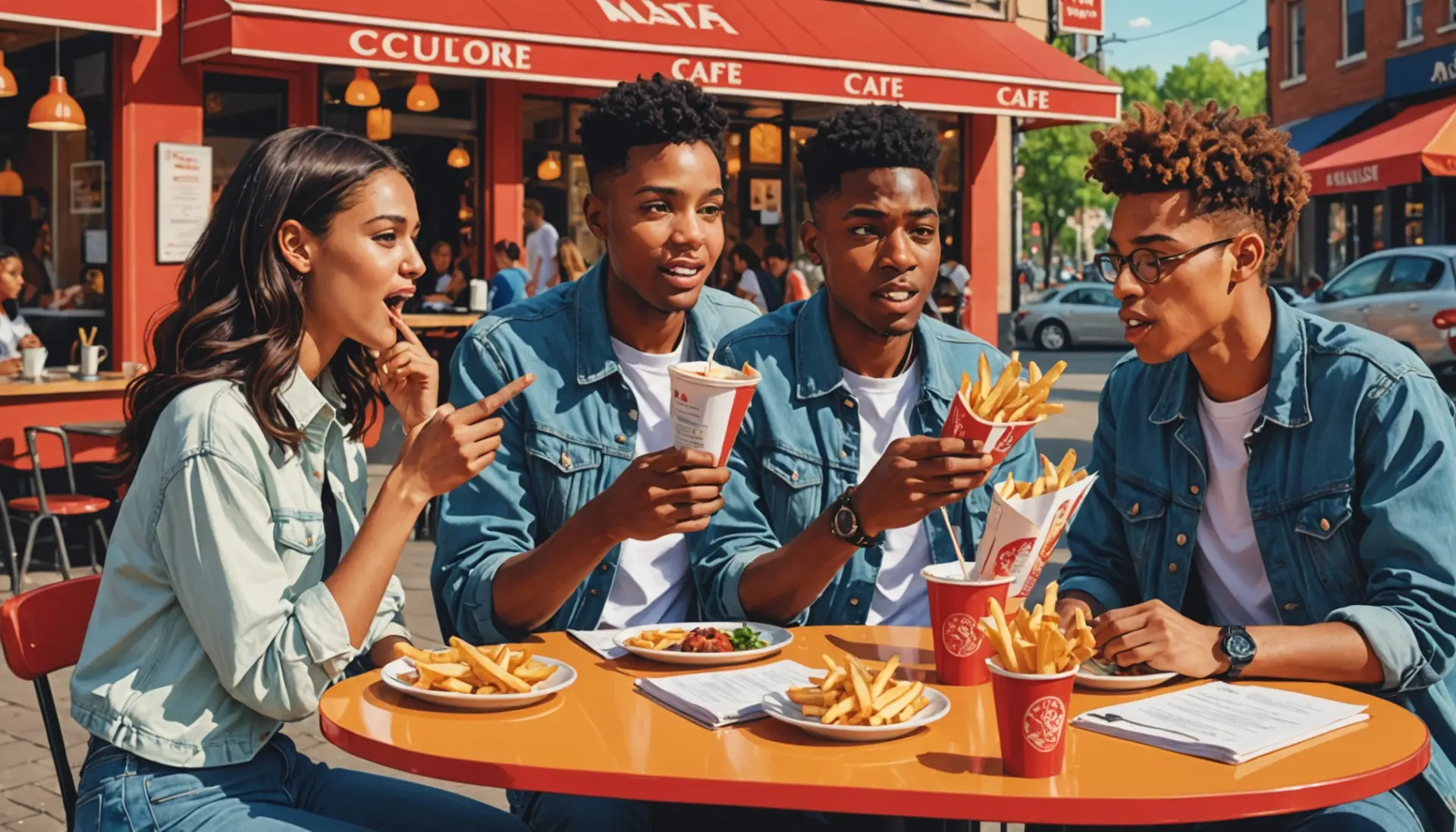 Editorial illustration of people debating the phrase what is french fry urban dictionary over coffee