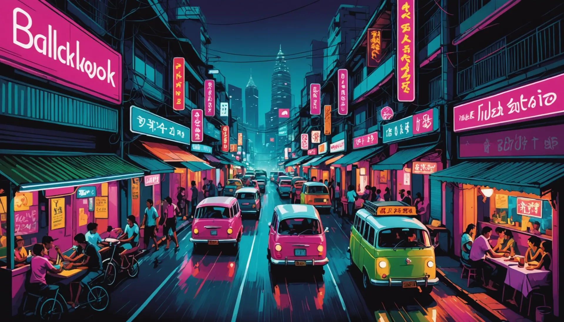 Editorial illustration showing neon Bangkok nightlife with the phrase bangkok meaning slang implied in mood