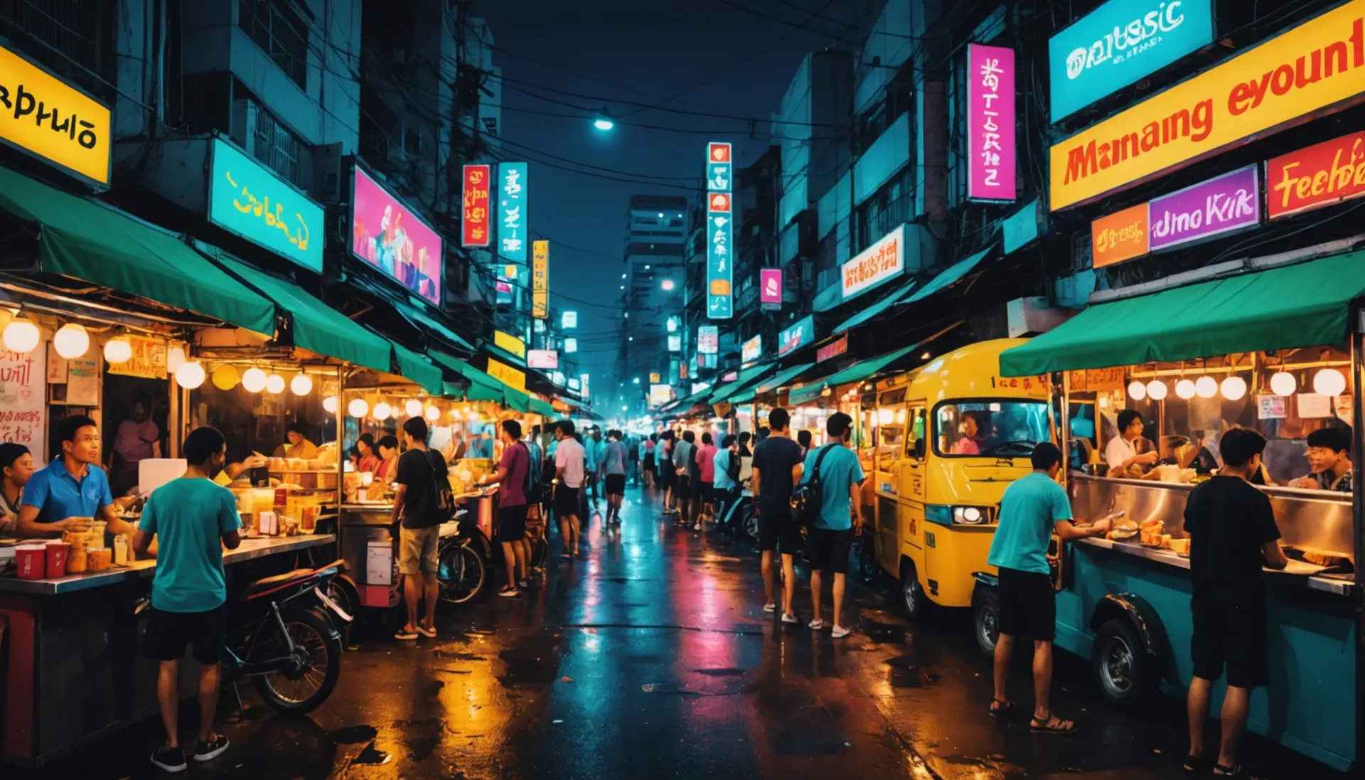 Editorial illustration representing bangkok slang meaning with young people texting Thai slang on a neon street