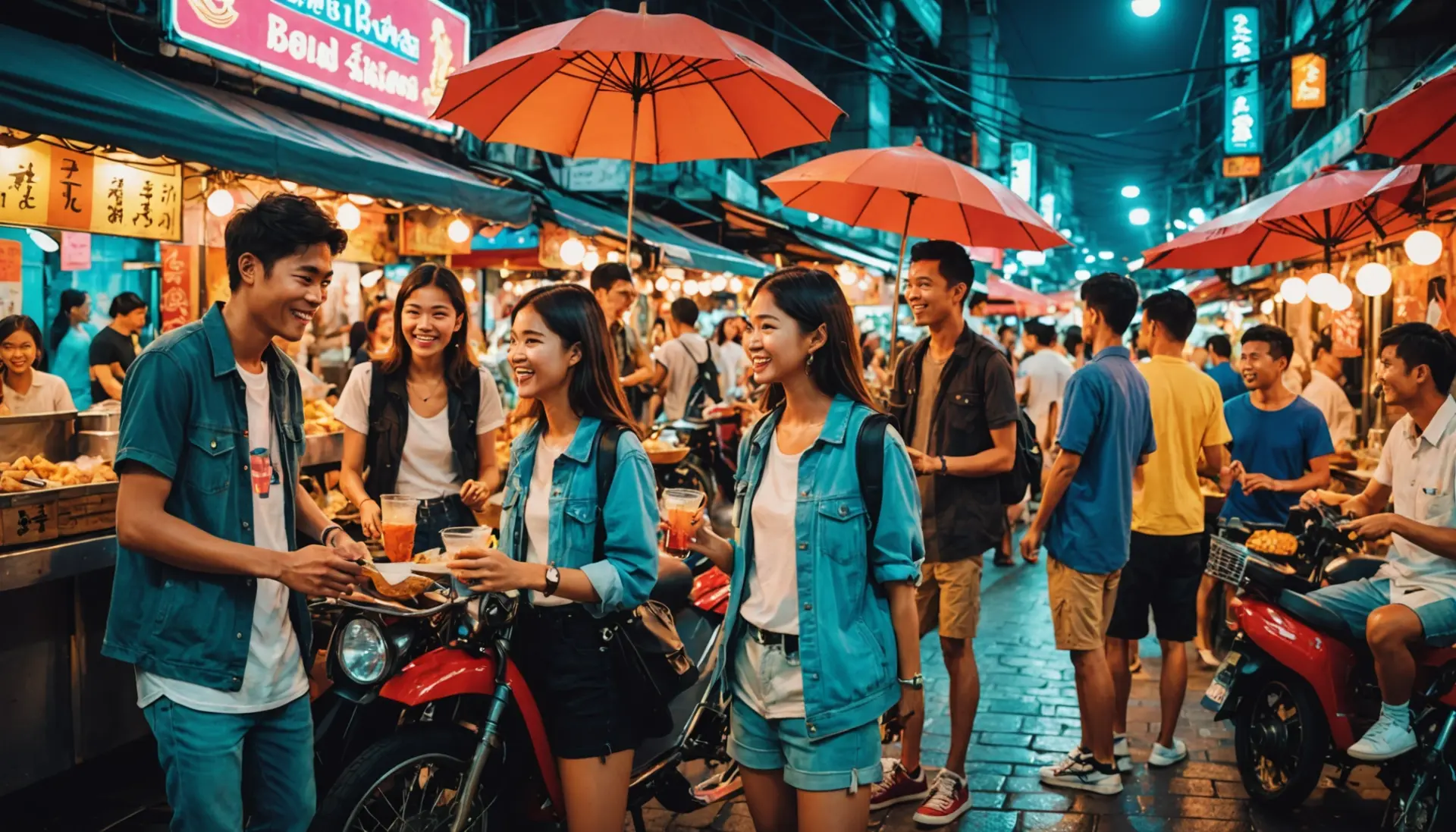 Editorial illustration of young people using bangkok slang while hanging out in a colorful Bangkok street market