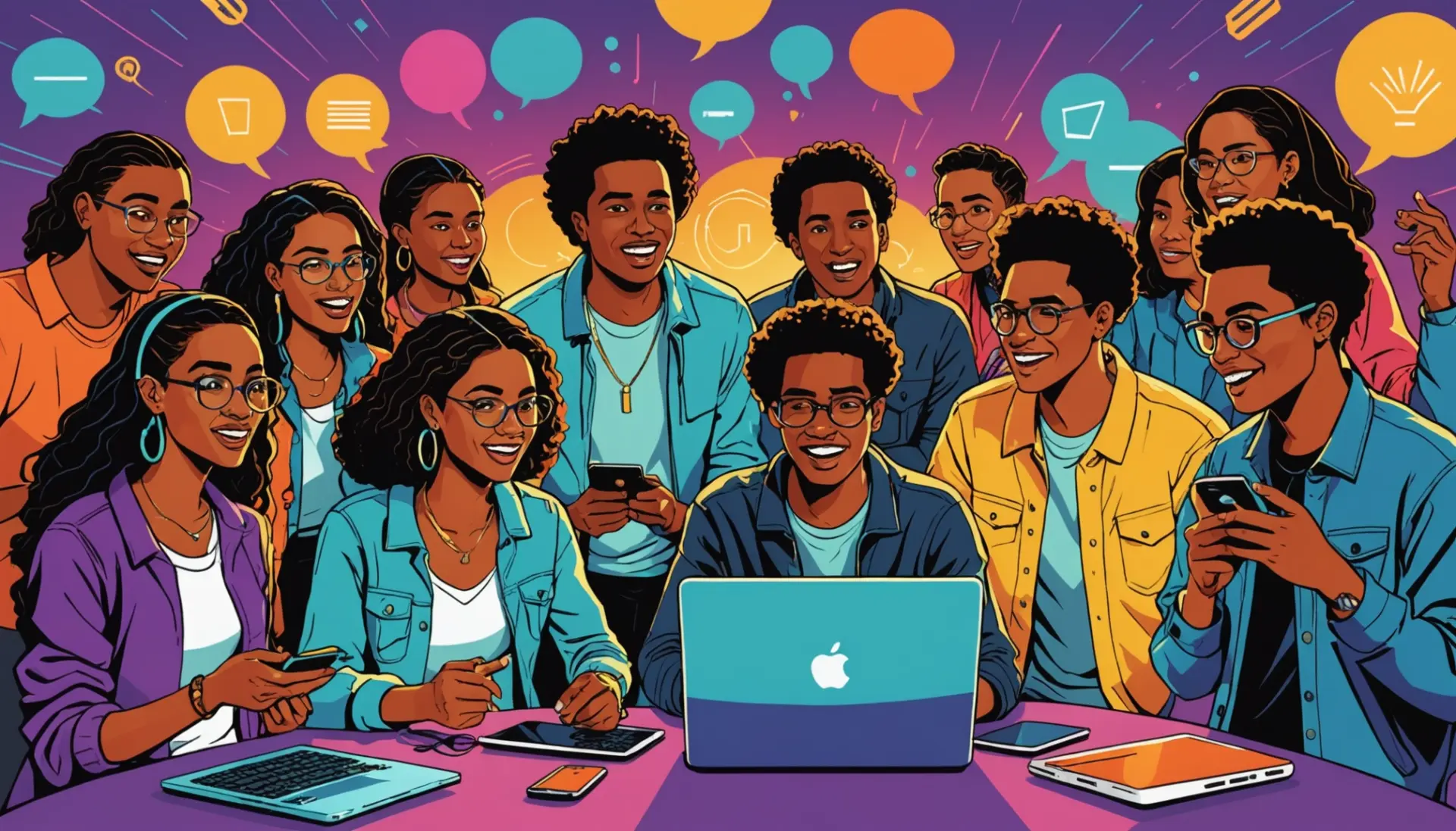 Editorial illustration representing hotep definition slang with diverse characters and social media icons