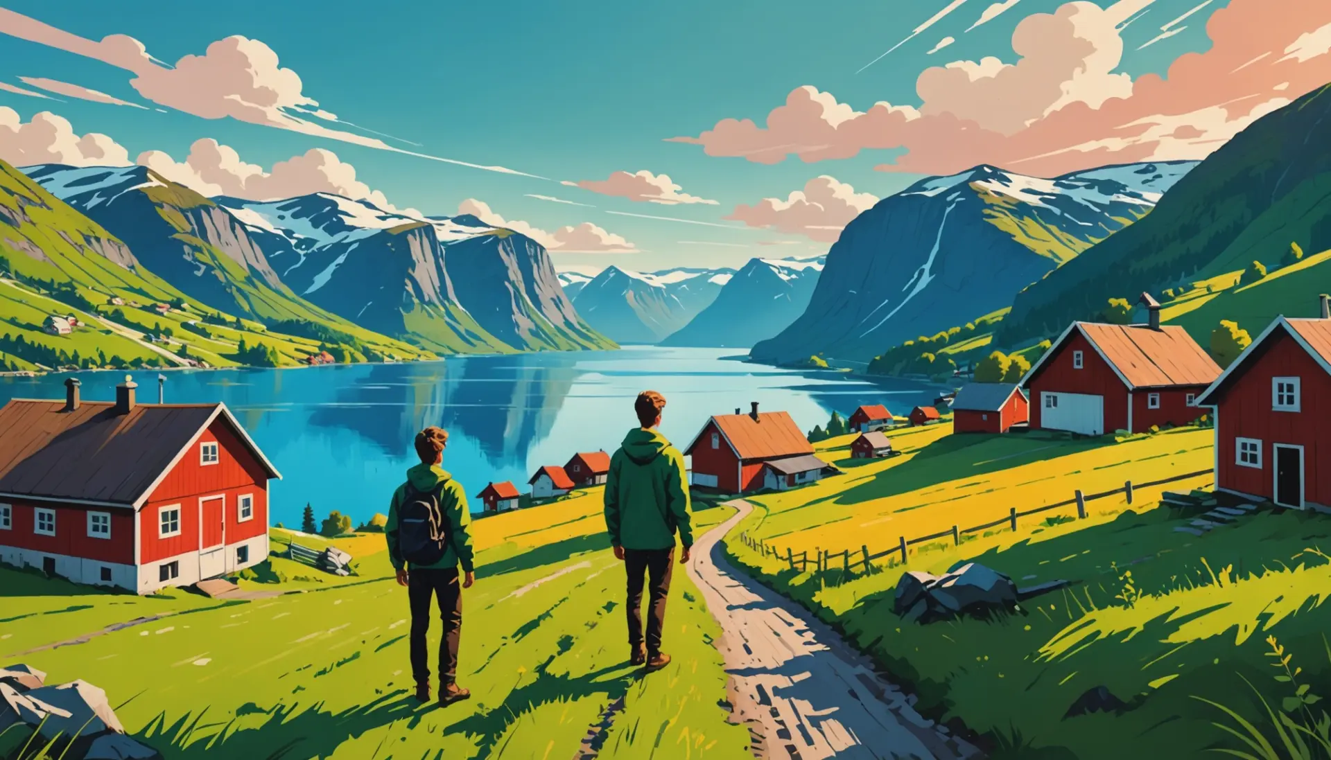 Illustration representing what does braut mean in norwegian, showing a Norwegian farm path and a person looking puzzled