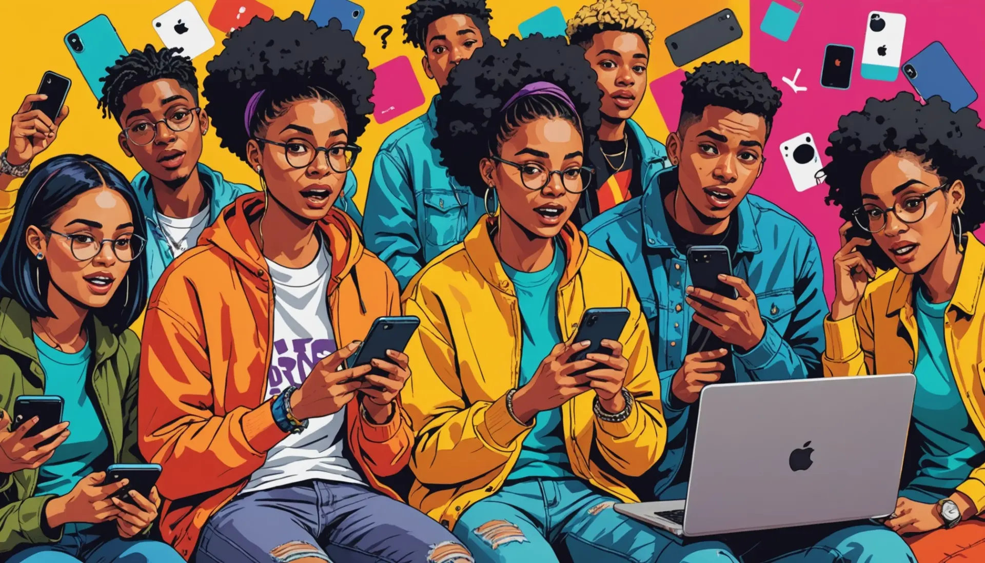 Editorial illustration showing people reacting to text messages that read lmc urban dictionary