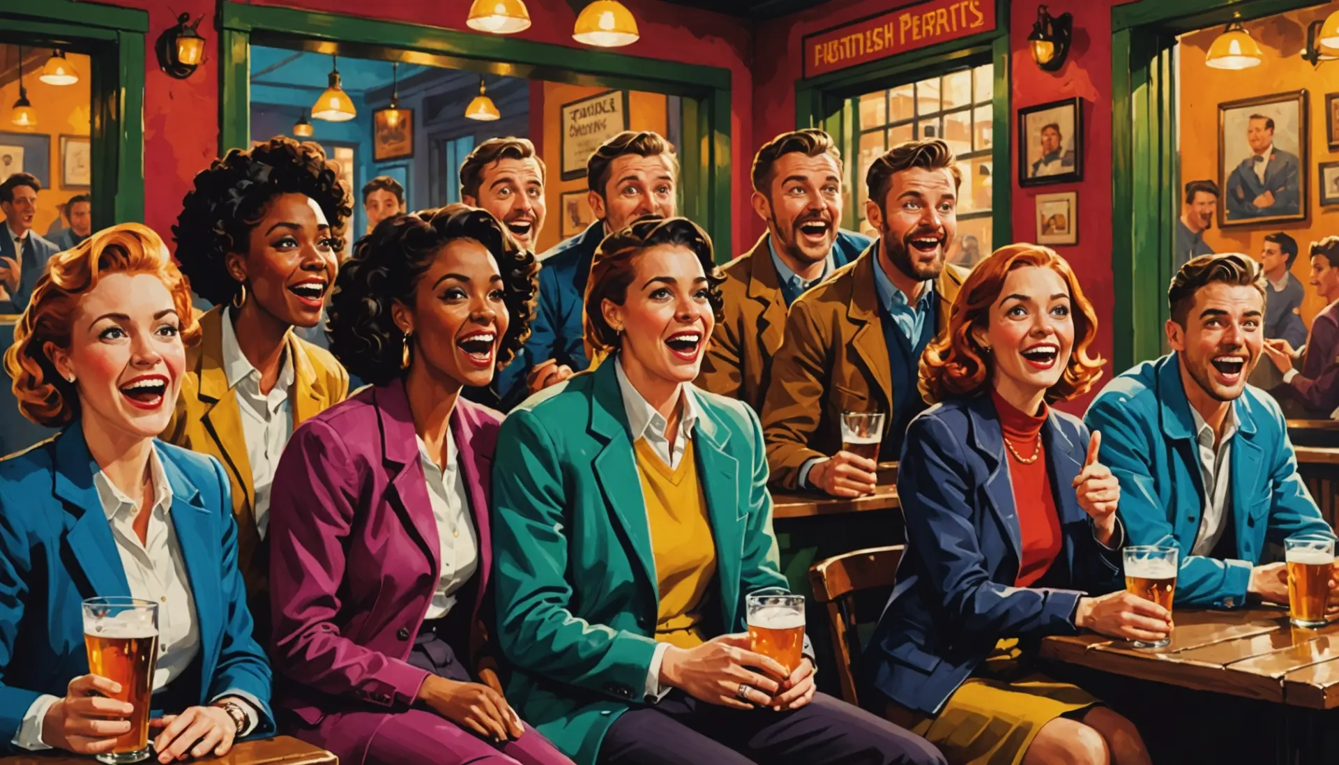 Editorial illustration of people reacting with surprise, captioned scene representing lummy meaning slang