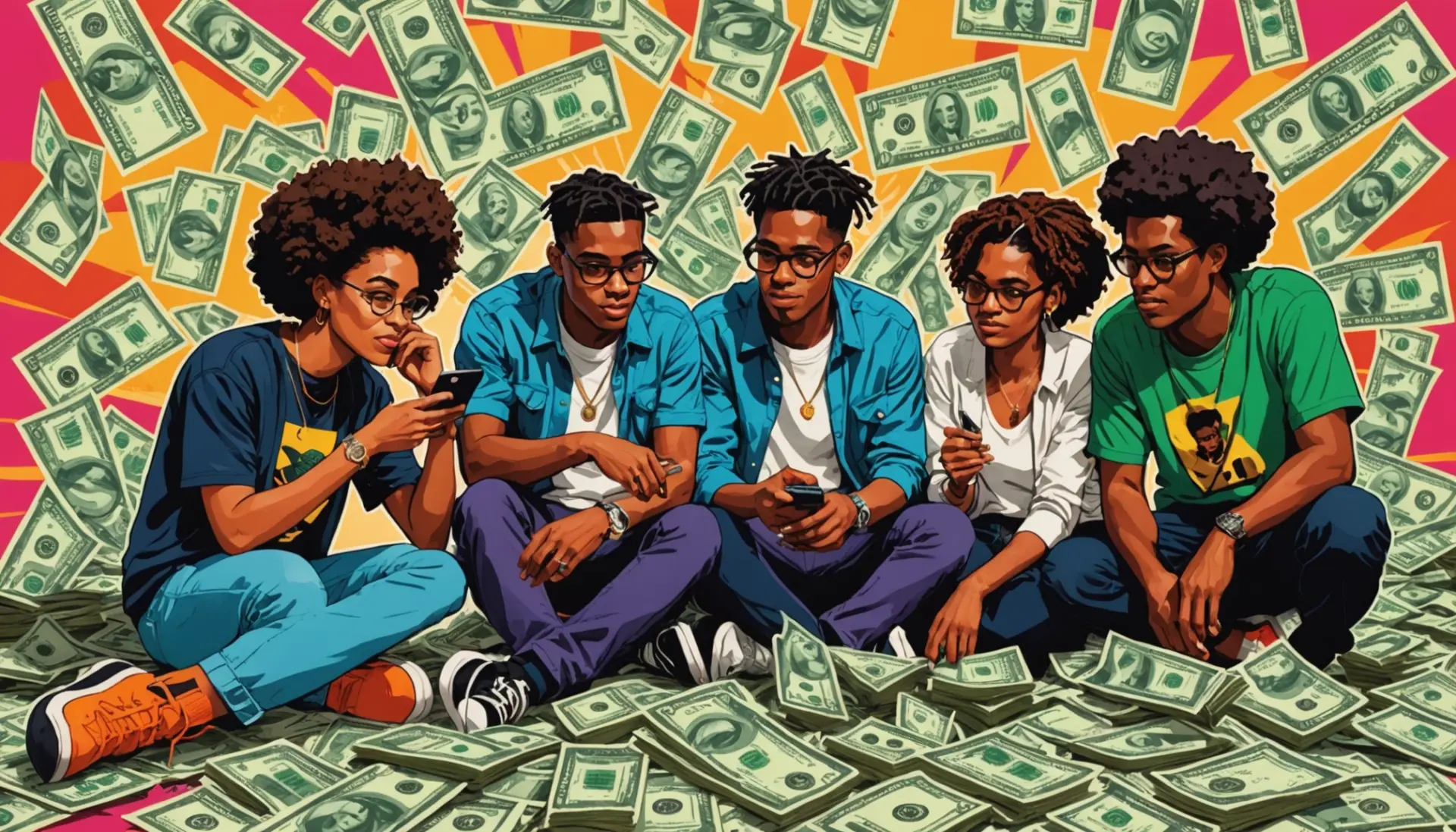 Editorial illustration showing people referencing $100 bill slang with imagery of Benjamins and C-notes