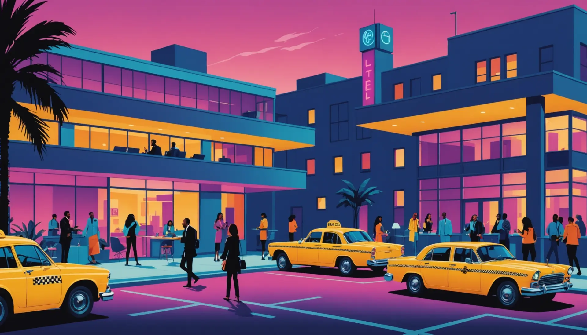 Editorial illustration of people in a stylized hotel scene, caption showing hotel meaning slang vibes