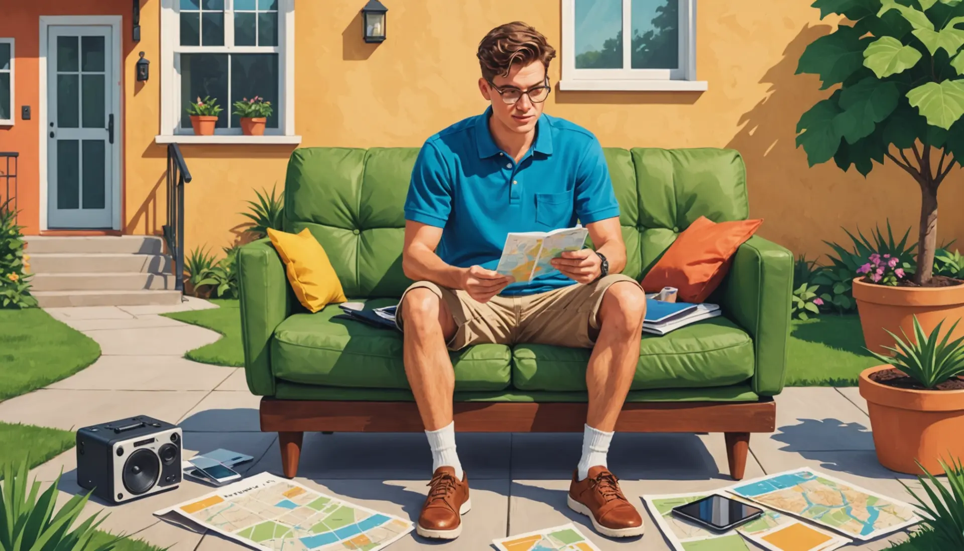 Editorial illustration showing a person giving old guy vibes gen z slang, surrounded by dad-like props and modern tech