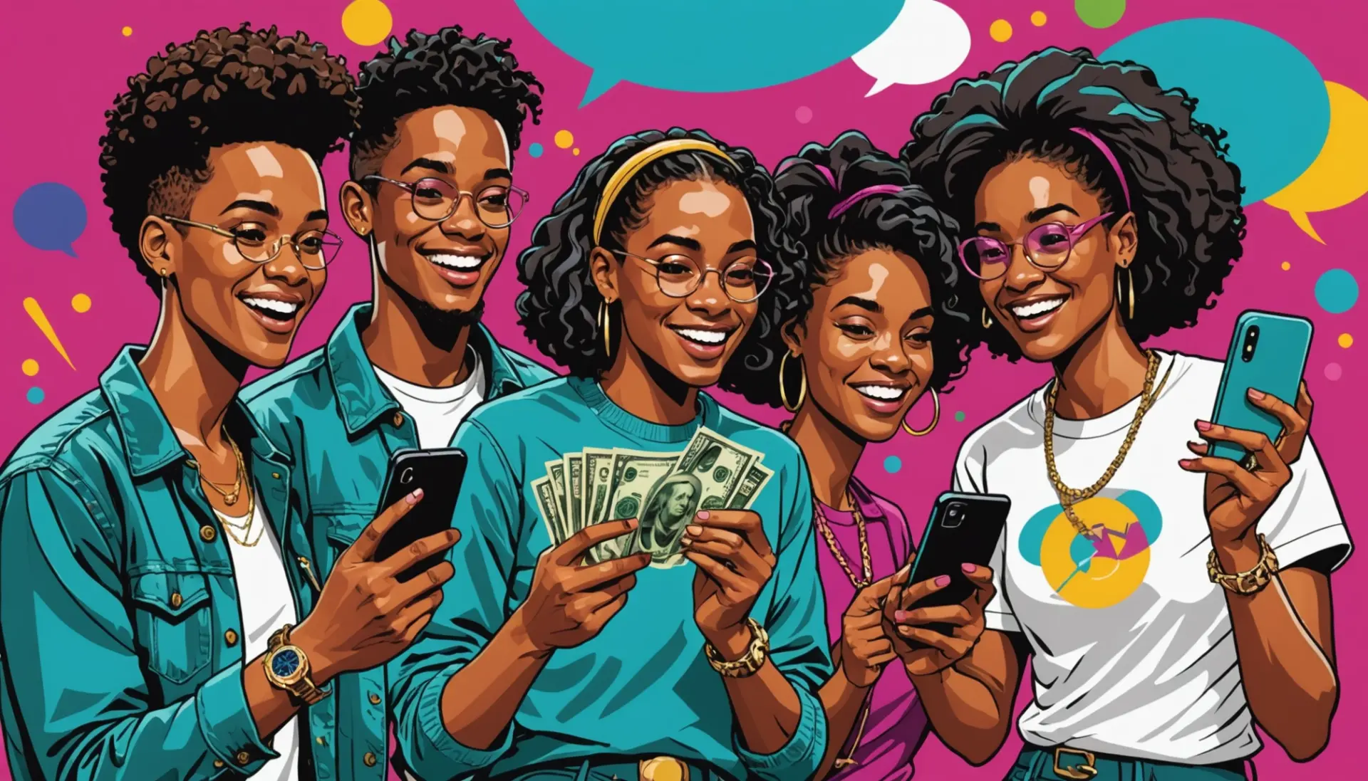 Editorial illustration showing a stylized hundred dollar bill and characters using hundred dollar bill slang