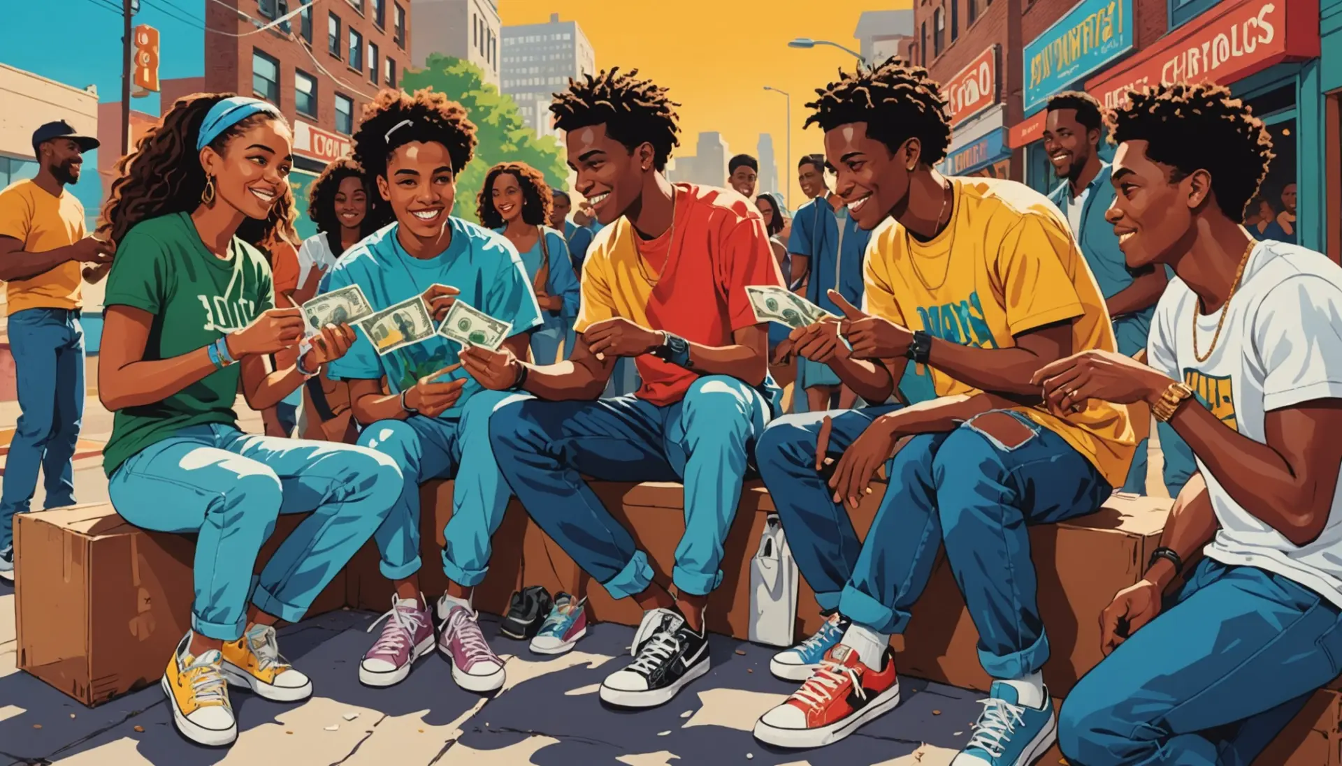Editorial illustration of people exchanging a 100 dollar bill, representing slang for 100 dollar bill