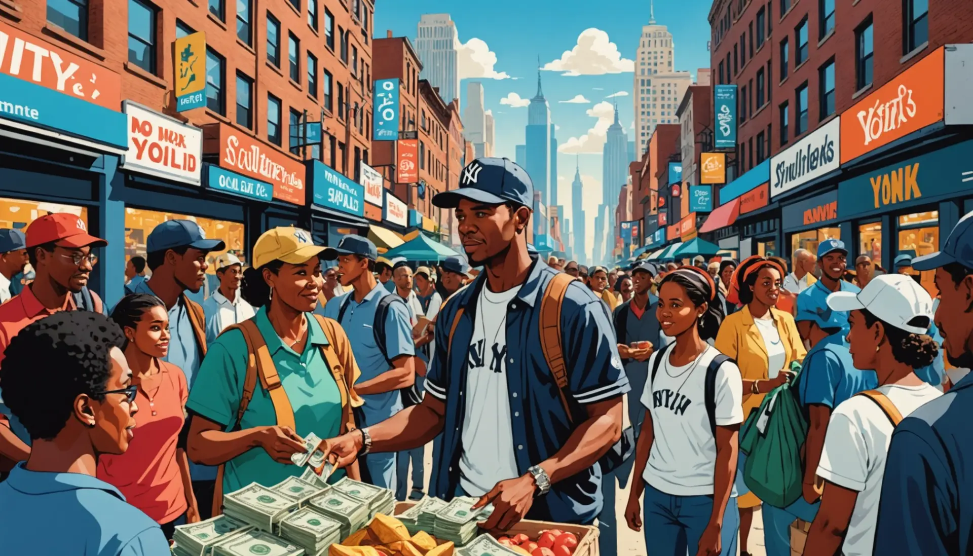 Editorial illustration of street scene asking is yankees slang for money with people exchanging US dollars and baseball caps