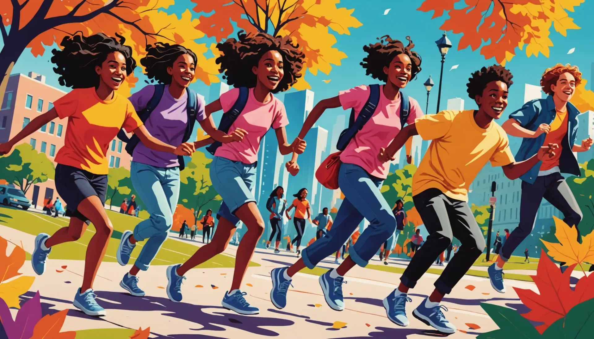 Editorial illustration showing young people romping in a city park, caption hinting 'what does romping mean'