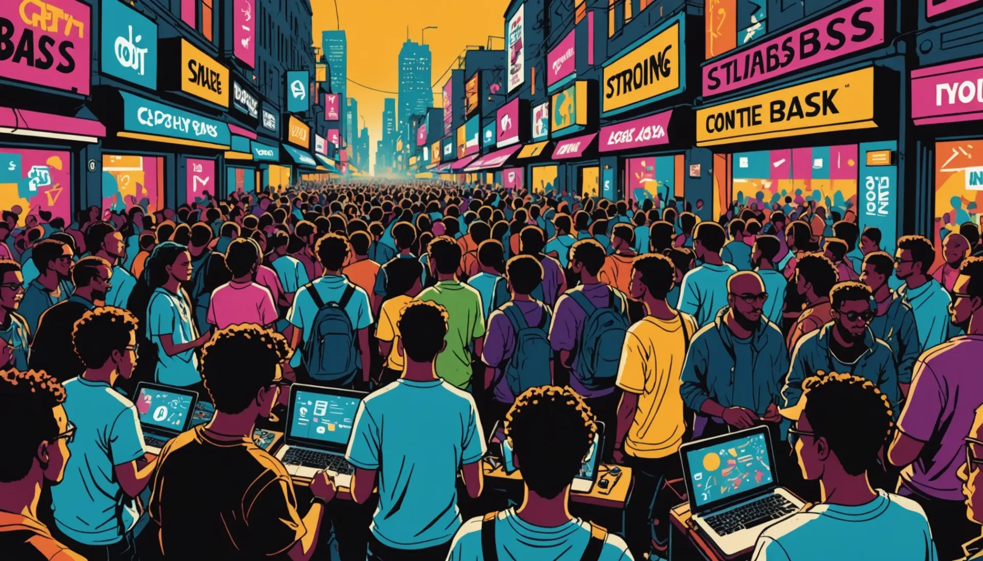 Editorial illustration showing people at a DNB event with text bubbles referencing dnb meaning slang