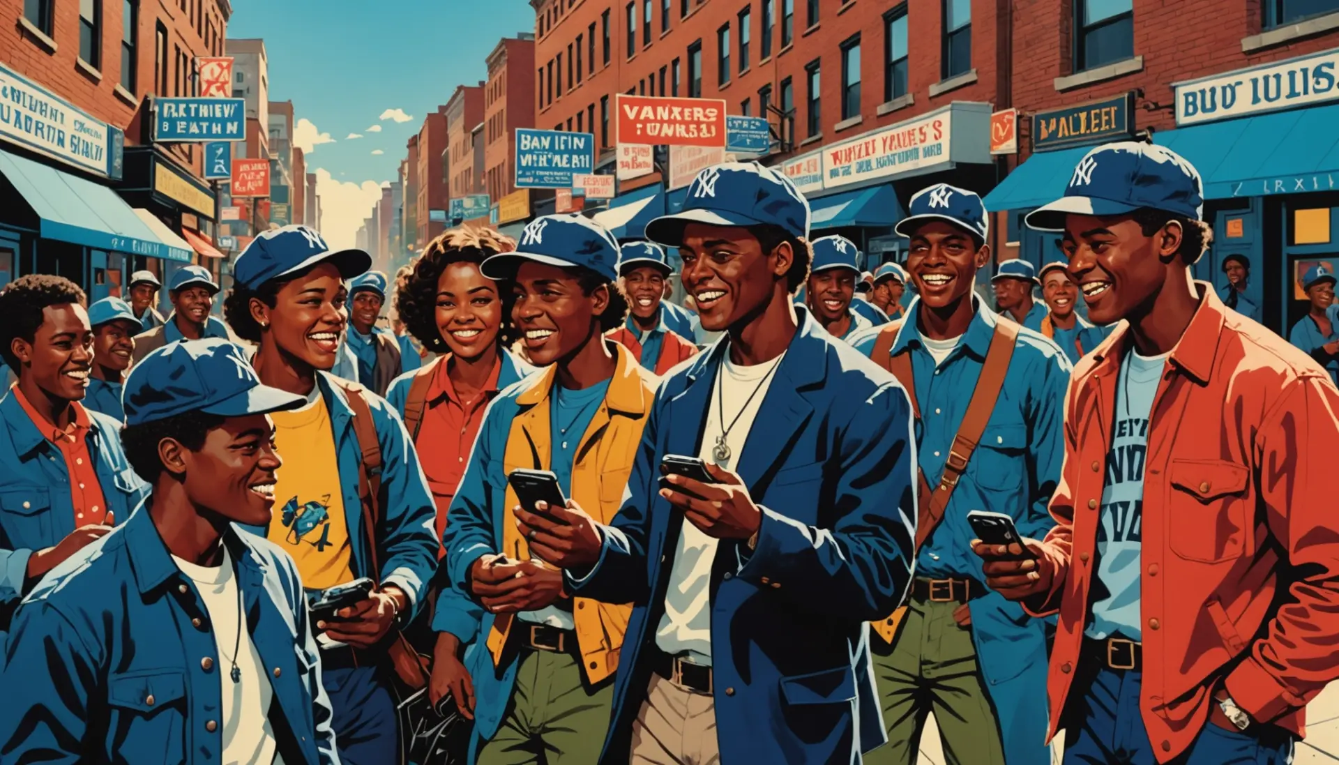Editorial illustration showing people representing yankees slang in urban and historical contexts