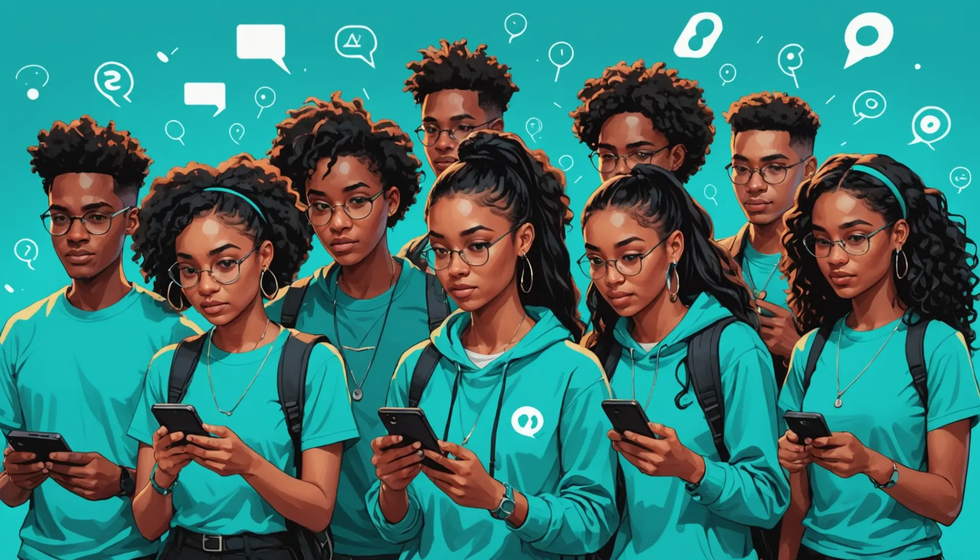 Editorial illustration showing a group of friends reacting to a turquoise alert on their phones, caption includes the phrase what does turquoise alert mean