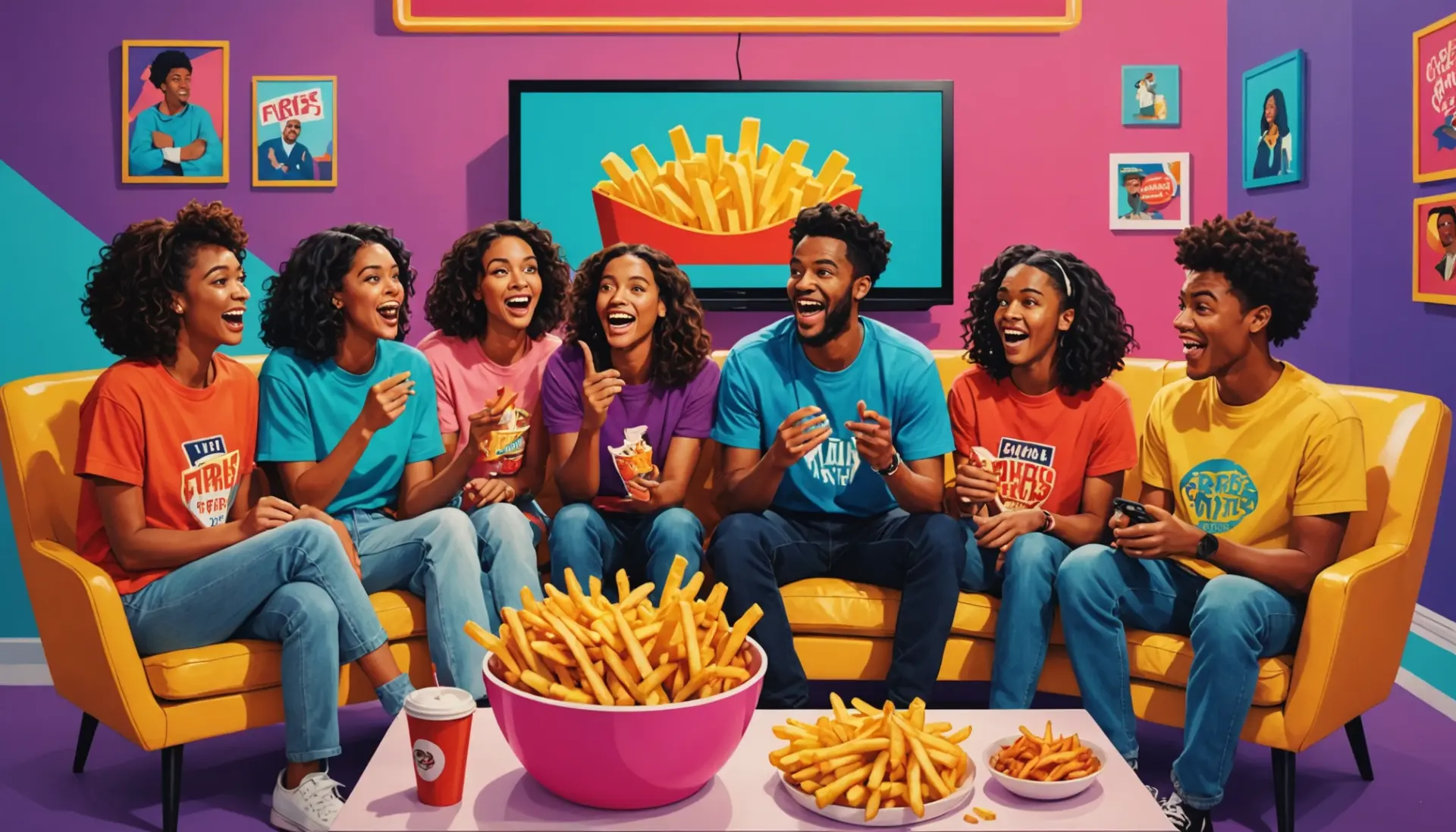 Editorial illustration of Love Island fans debating what does french fries mean on love island, lively club scene with fries imagery