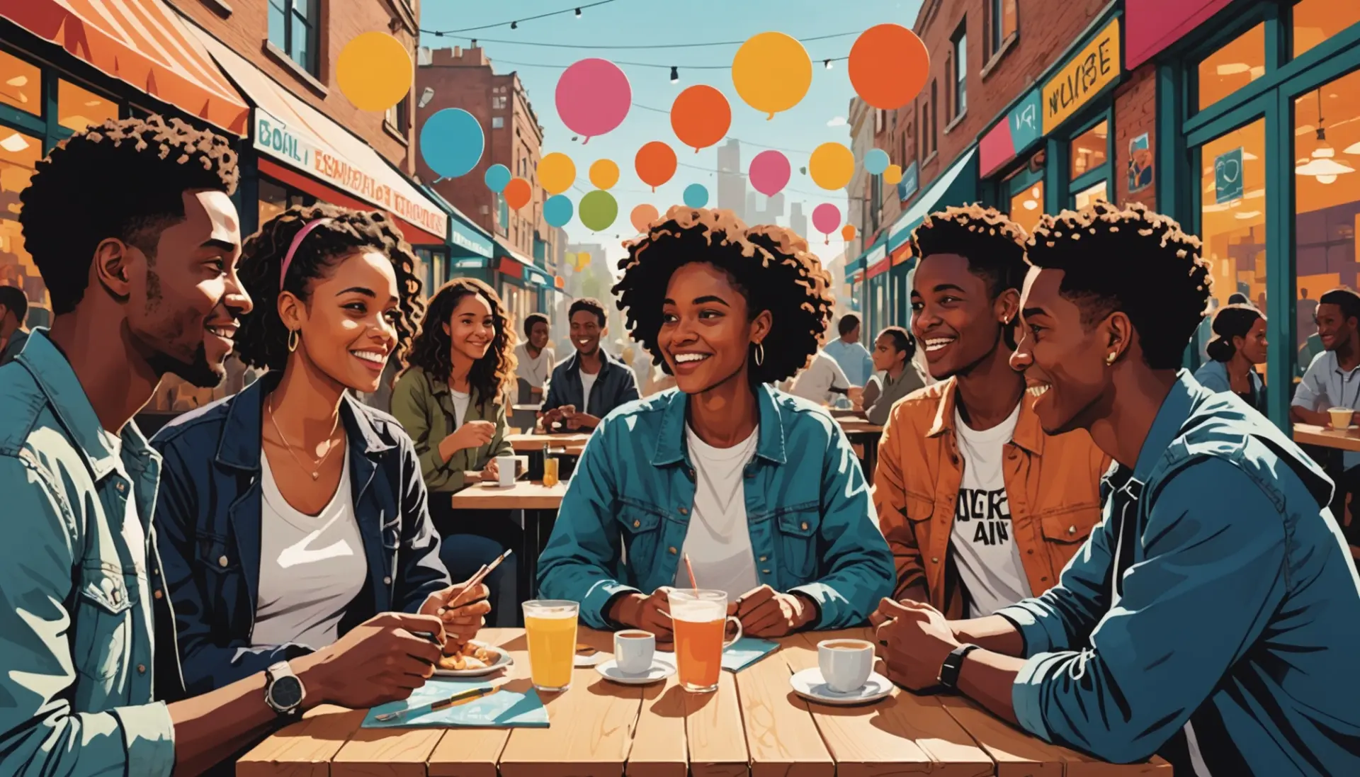 Editorial illustration showing people using the phrase my love in slang across texts and speech bubbles