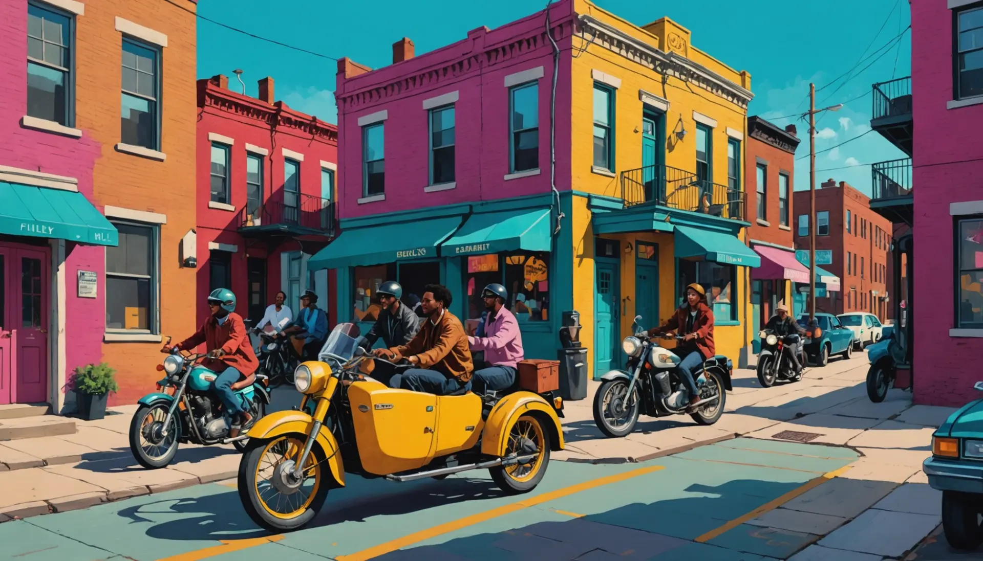Editorial illustration of friends and a motorcycle sidecar with the phrase philly sidecar slang implied
