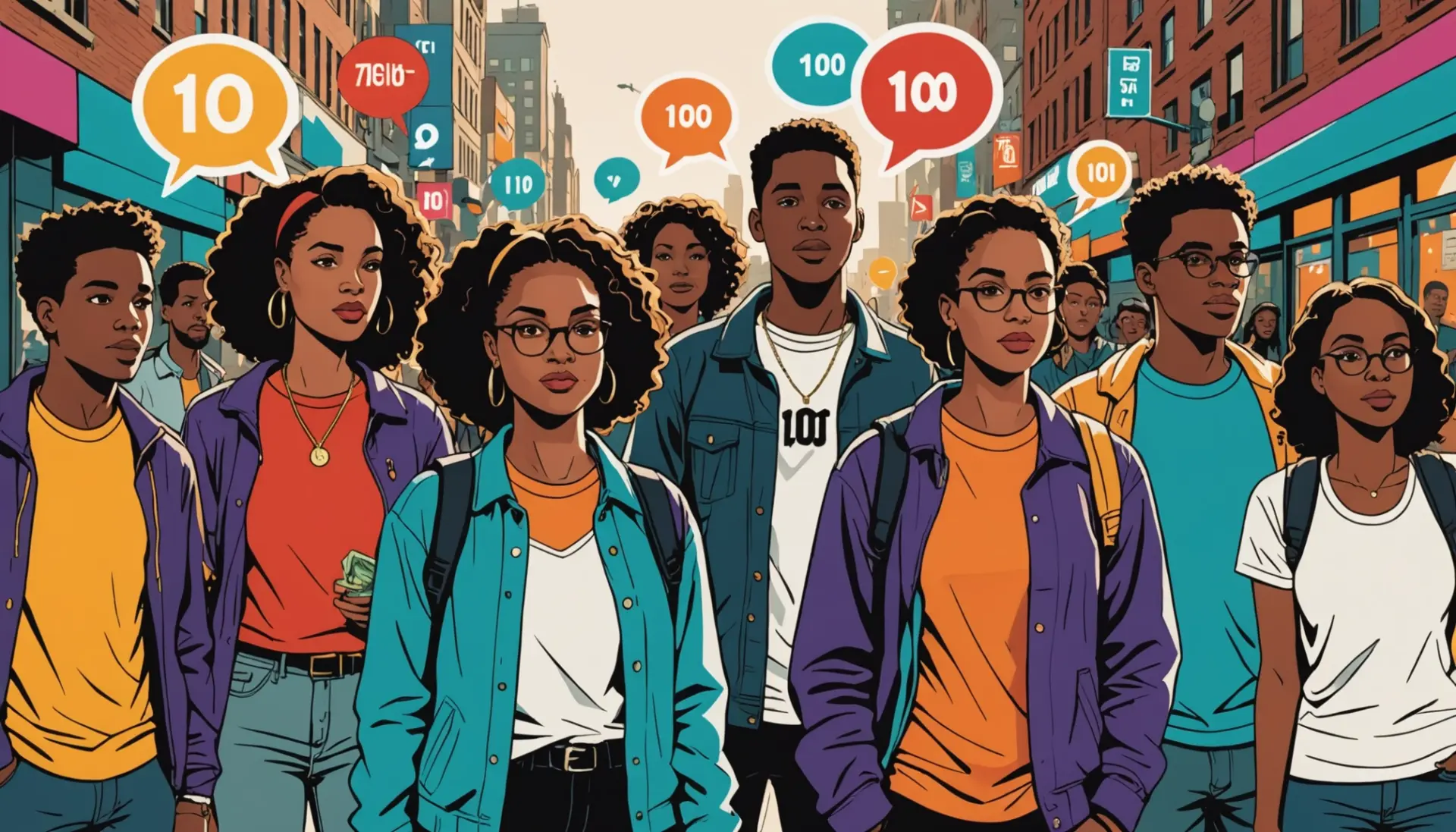 Editorial illustration of people using slang for $100 in conversation