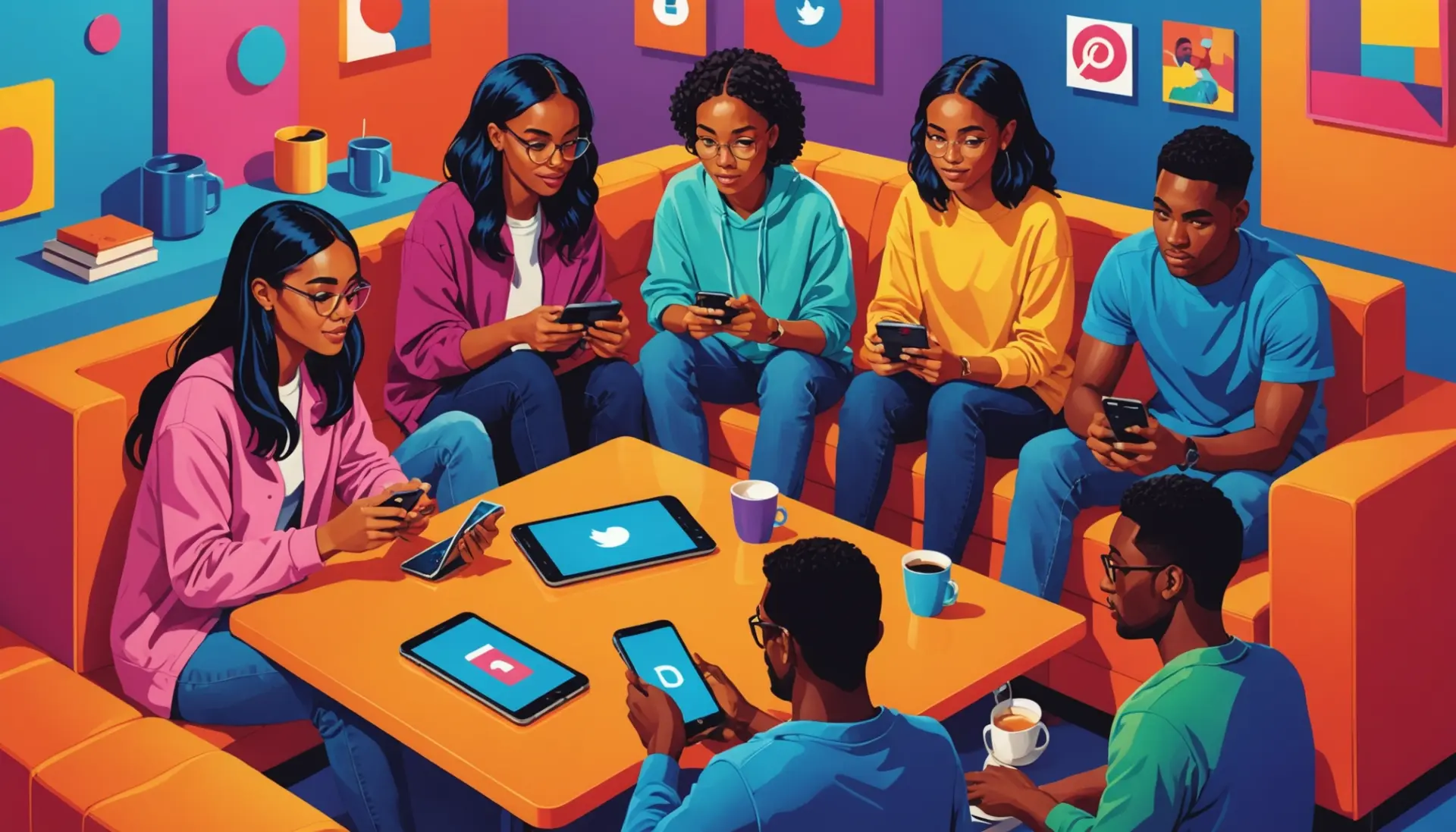 Editorial illustration showing people texting the phrase what does jm mean in text on phones
