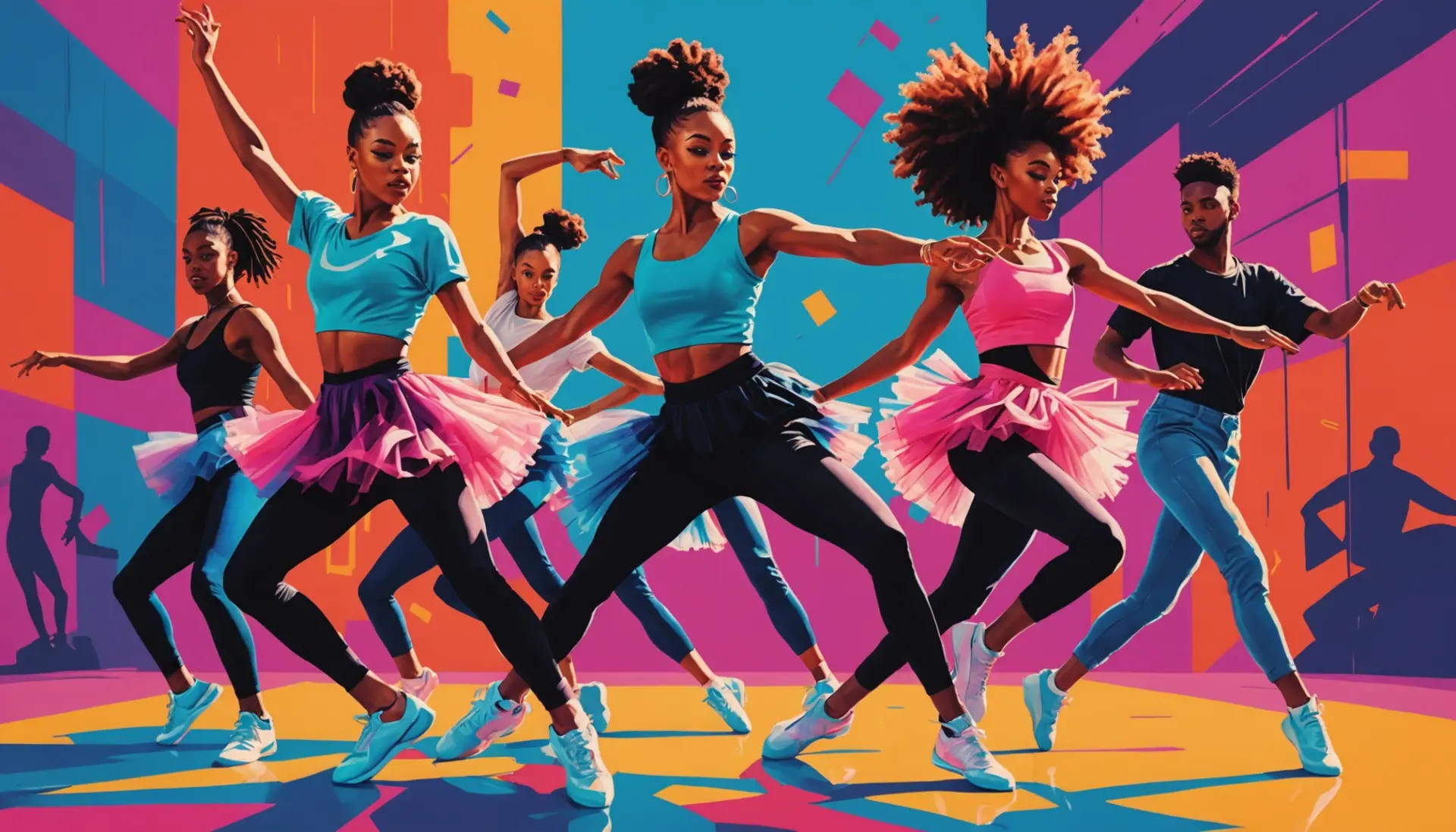 Editorial illustration of dancers blending ballet and street moves, representing hiplet slang meaning