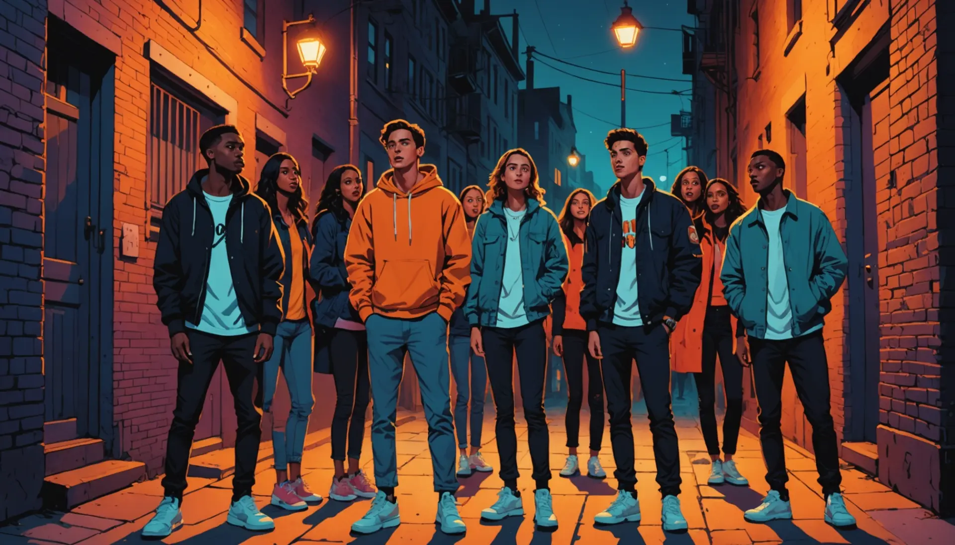 Editorial illustration of street scene with characters reacting to something spooky, showing the phrase what does spook mean in slang