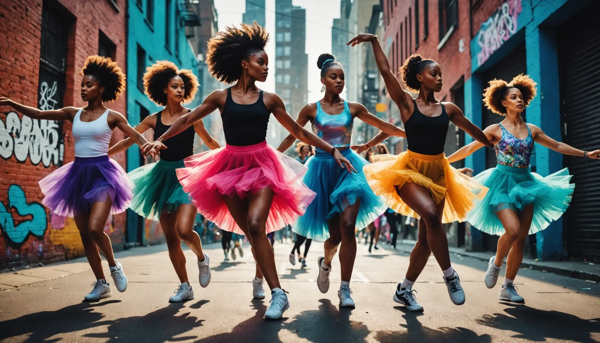 Bright editorial image concept showing dancers blending ballet and street styles, hiplet meaning slang