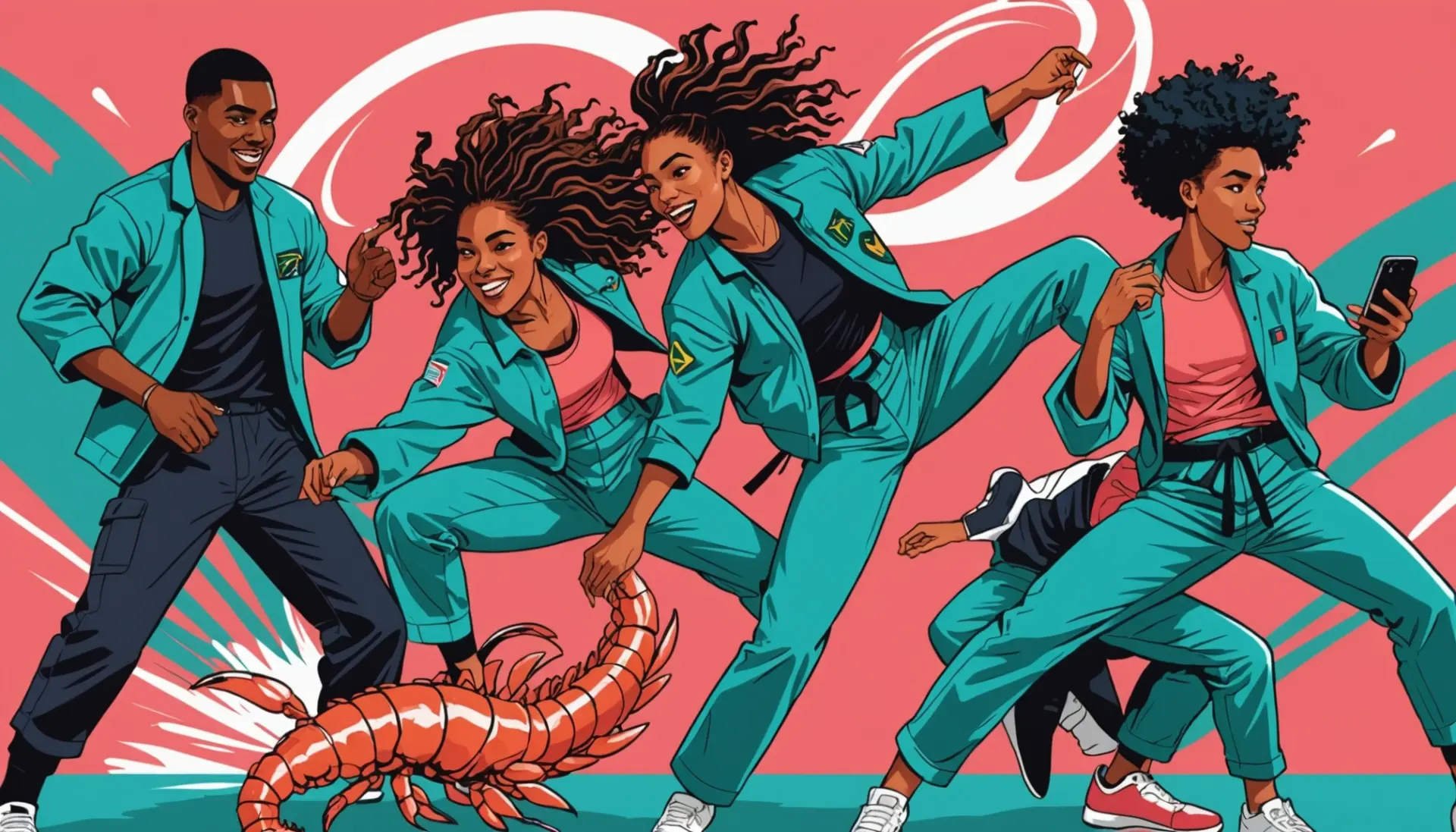 Editorial illustration of young people shrimping meaning slang, combining images of hip-escape BJJ move and playful shrimp motif