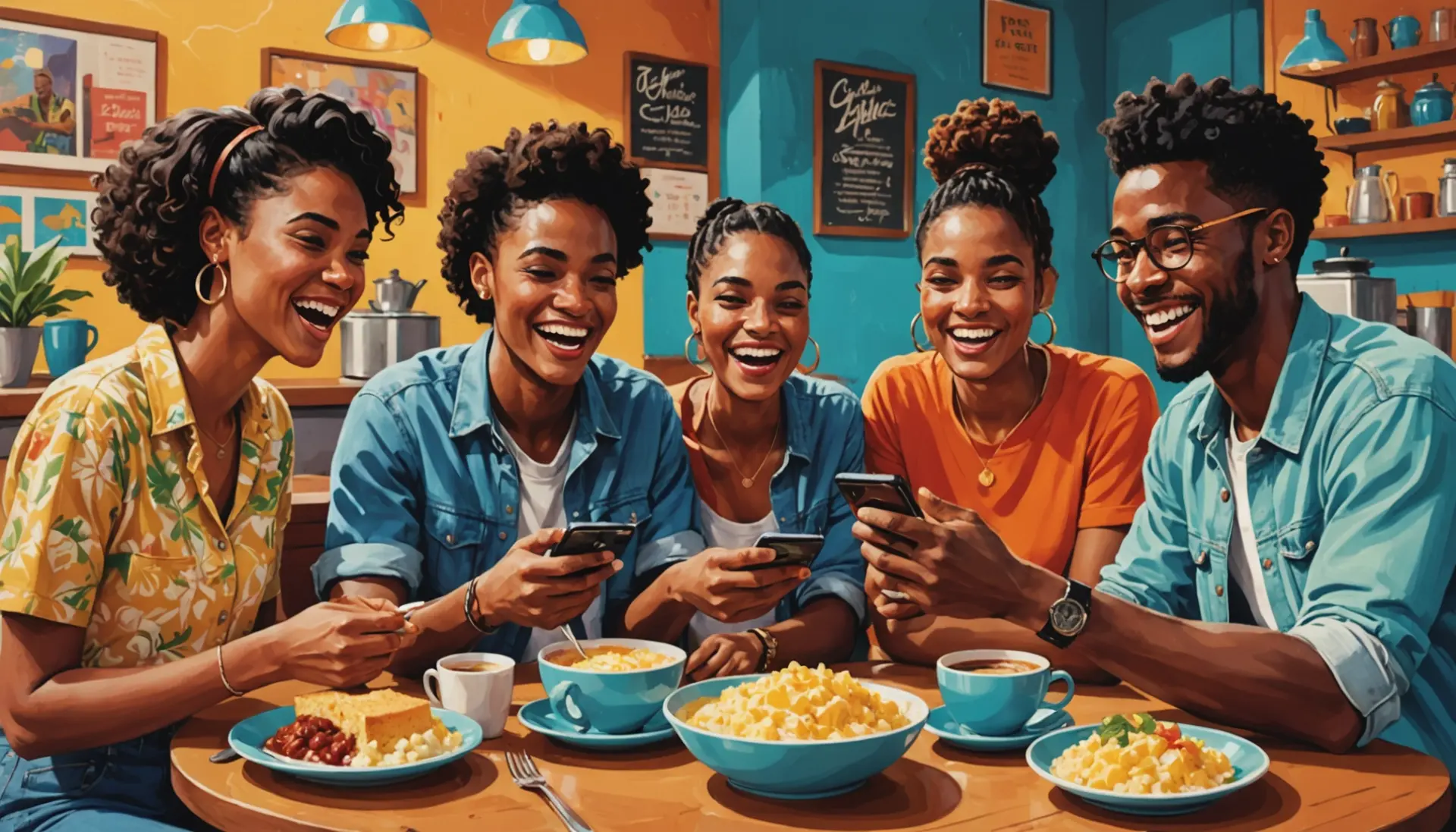 Editorial illustration of people laughing over a bowl of grits with the phrase grits urban dictionary implied