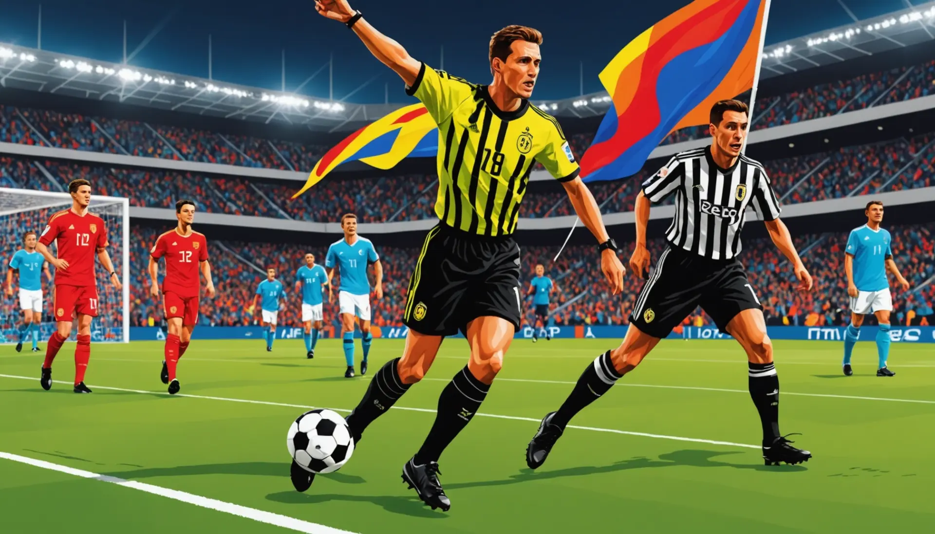 Editorial illustration of a soccer player flagged offside with the phrase what does offsides mean in soccer implied in scene