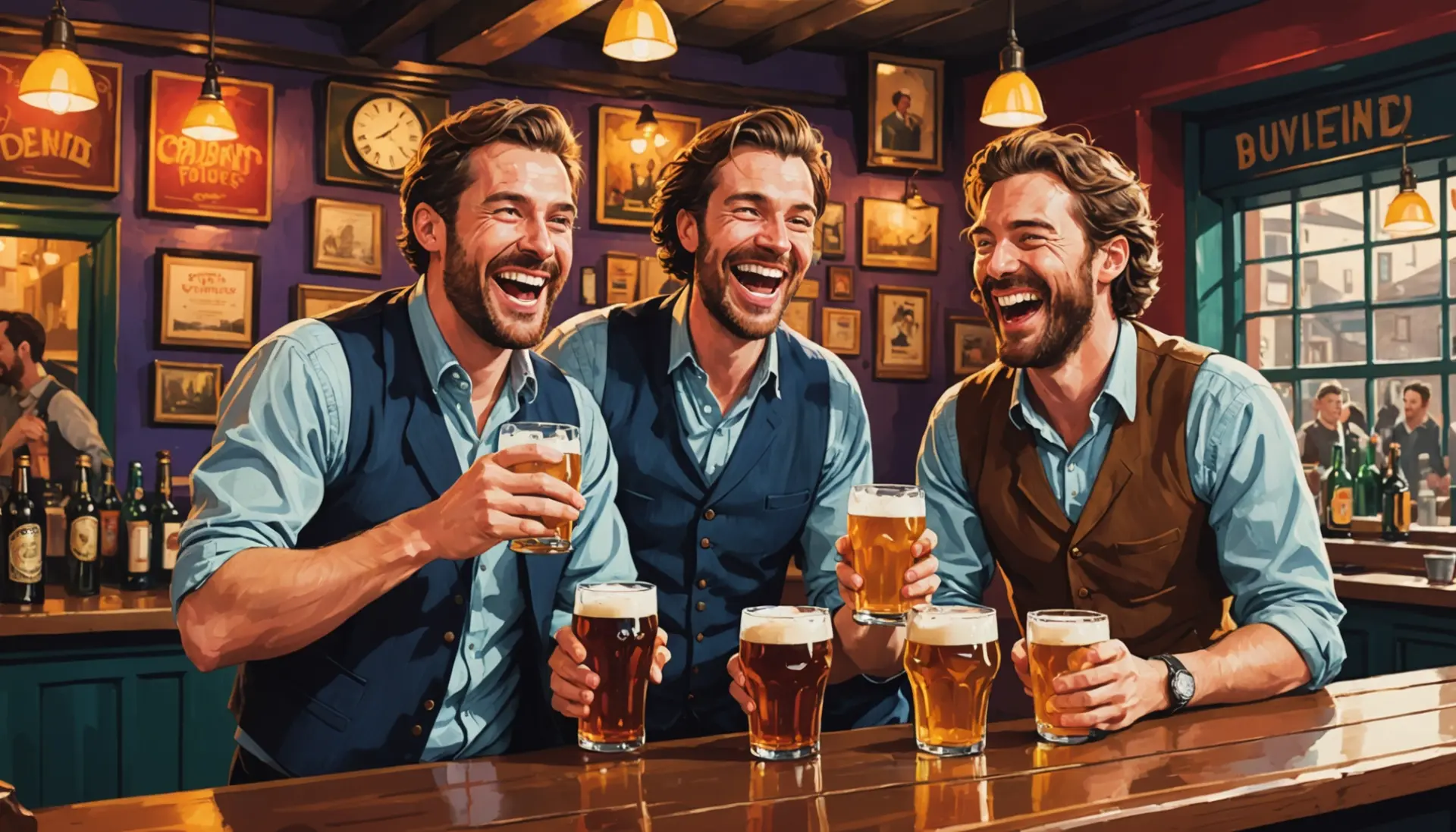 Editorial illustration showing a comic pub scene about bellend english slang