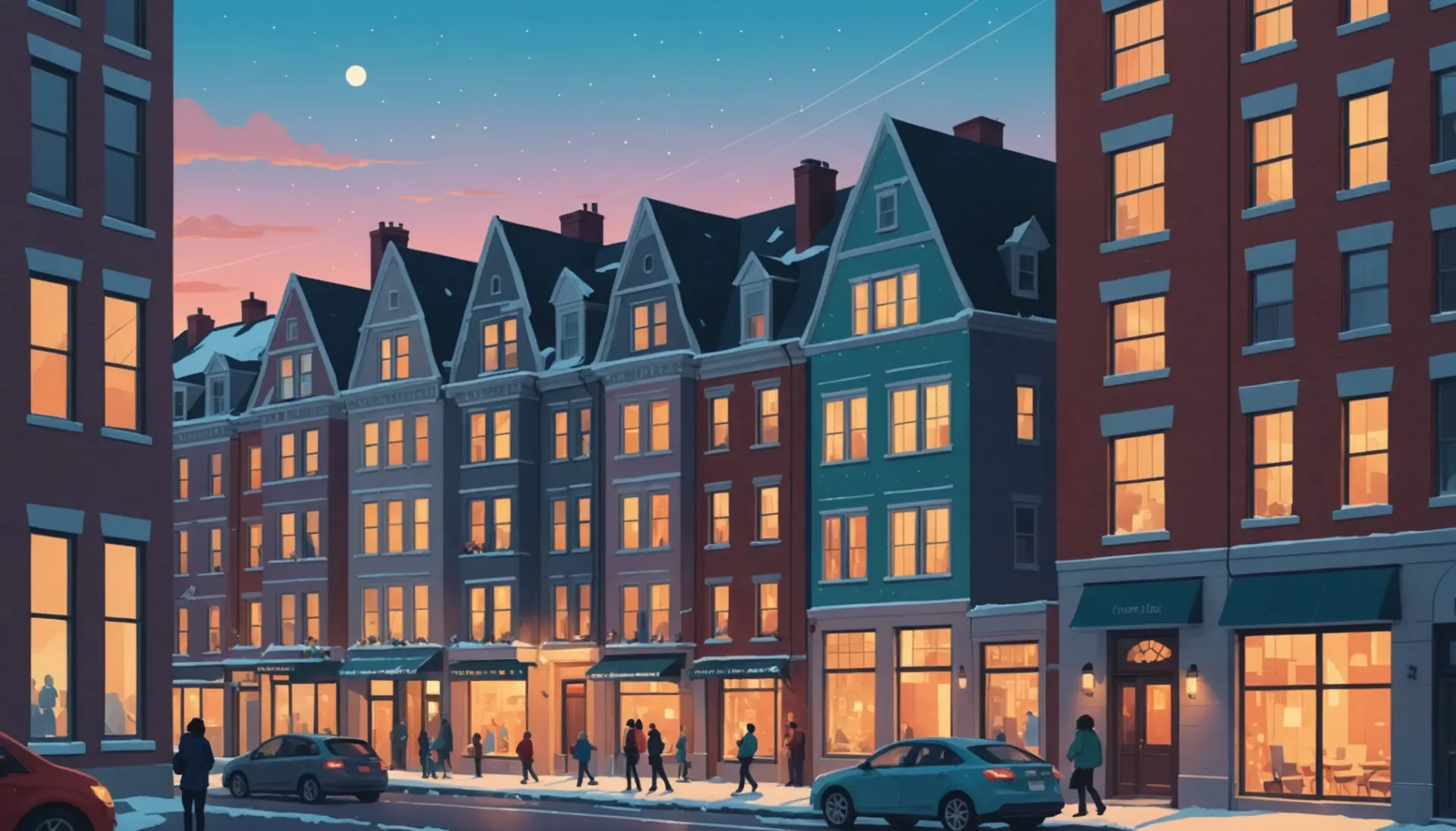 Editorial illustration showing a city block with signs saying 'rent freeze' and worried tenants, phrase what does rent freeze mean visible conceptually