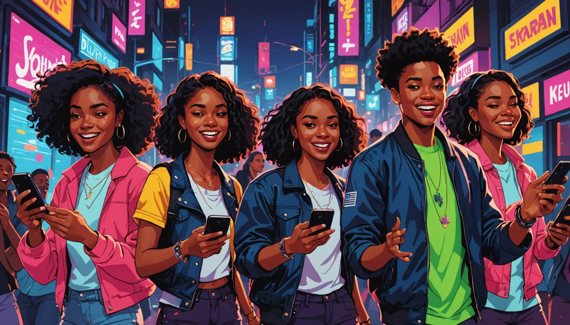 Editorial illustration showing people in a city scene shouting 'dale' with vibrant energy, caption for what does dale mean